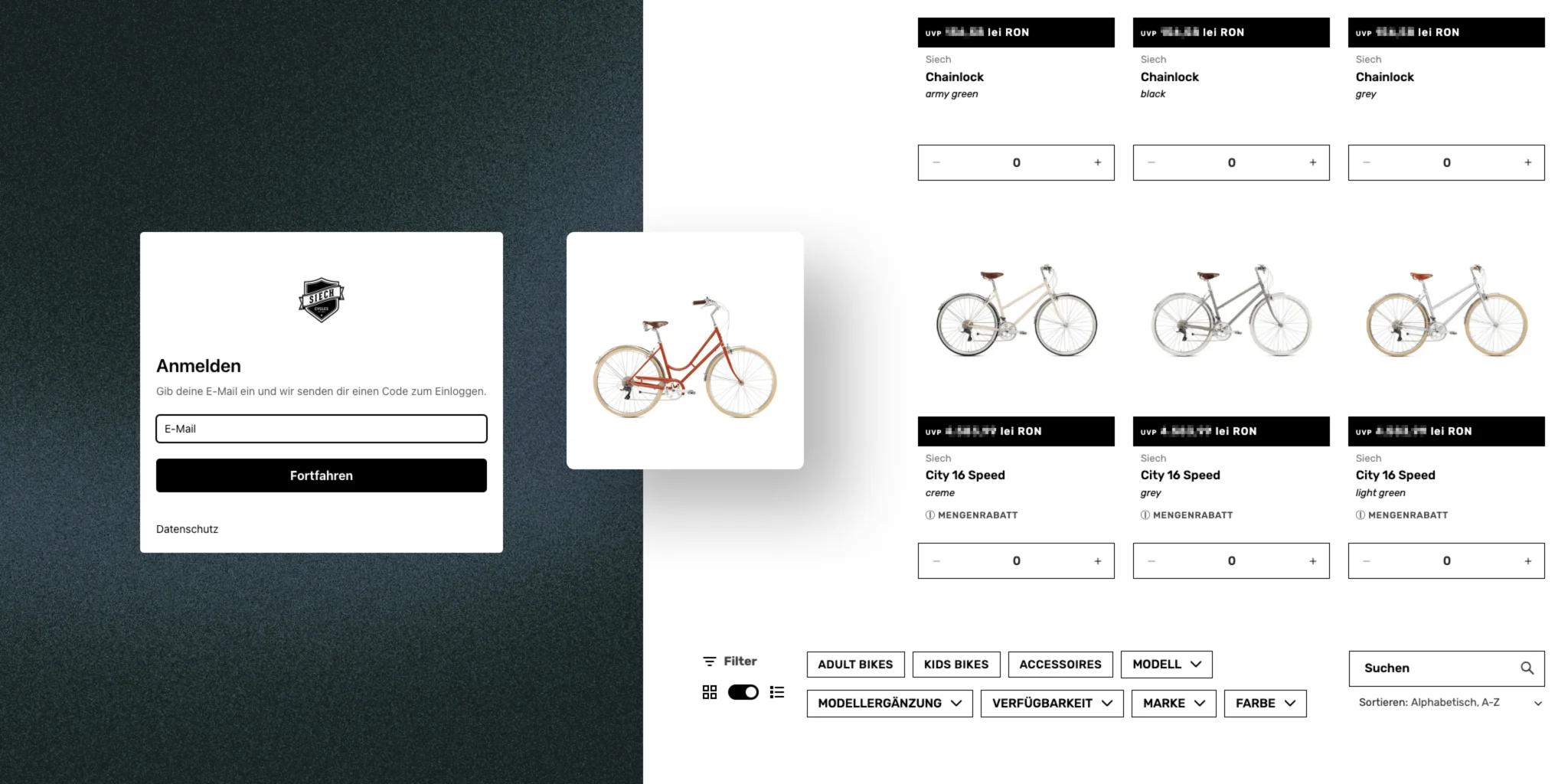 Online bike shop page showing a login form on the left, a red bicycle image in the center, and product listings of various bike models with color options and quantity selectors on the right.