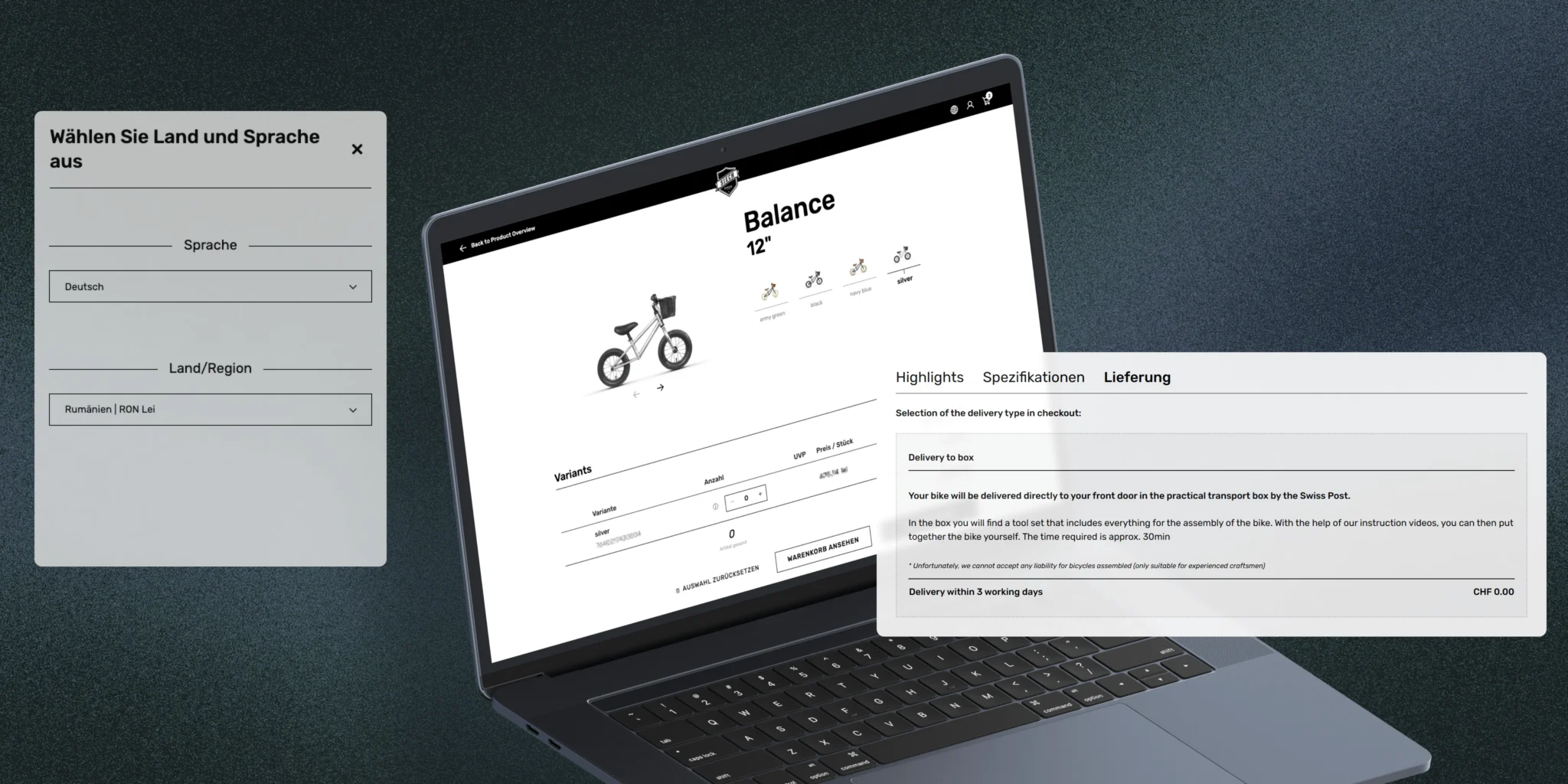 Laptop screen showing a Balance 12" bike product page with color options, quantity selection, and delivery information in German.
