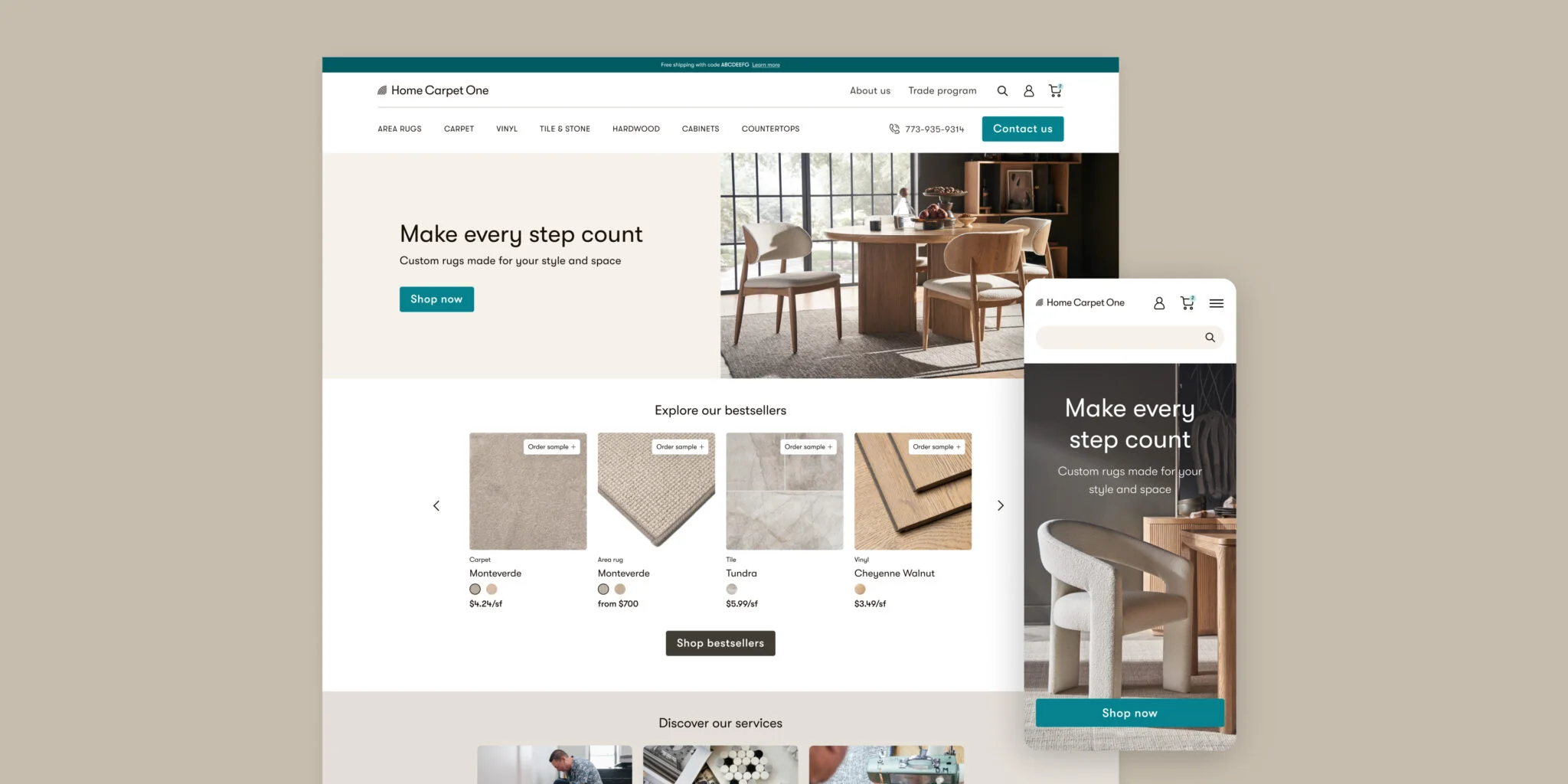 Home Carpet One homepage showing a dining room with a round wooden table and chairs on a rug, and a section with bestselling rug and flooring samples with prices and 'Shop now' buttons.