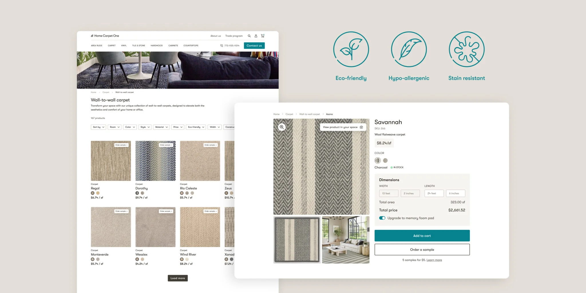 Website screenshot showing a wall-to-wall carpet collection with product grid and detailed view of a striped wool carpet named Savannah, with options to select color, dimensions, and add to cart. Icons above highlight eco-friendly, hypo-allergenic, and stain-resistant features.