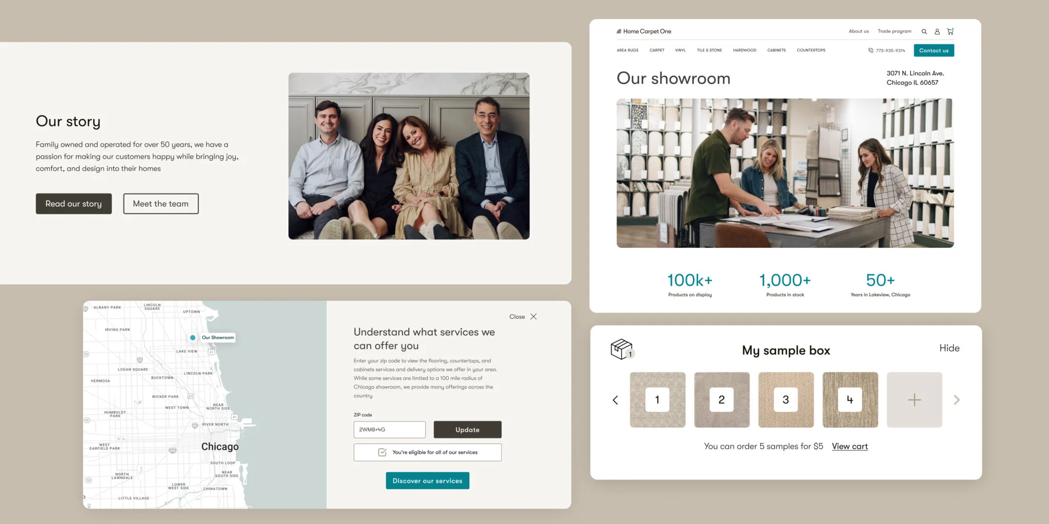 Website sections showing family photo with story, showroom image with staff assisting customers, Chicago map with service form, and sample box order interface.