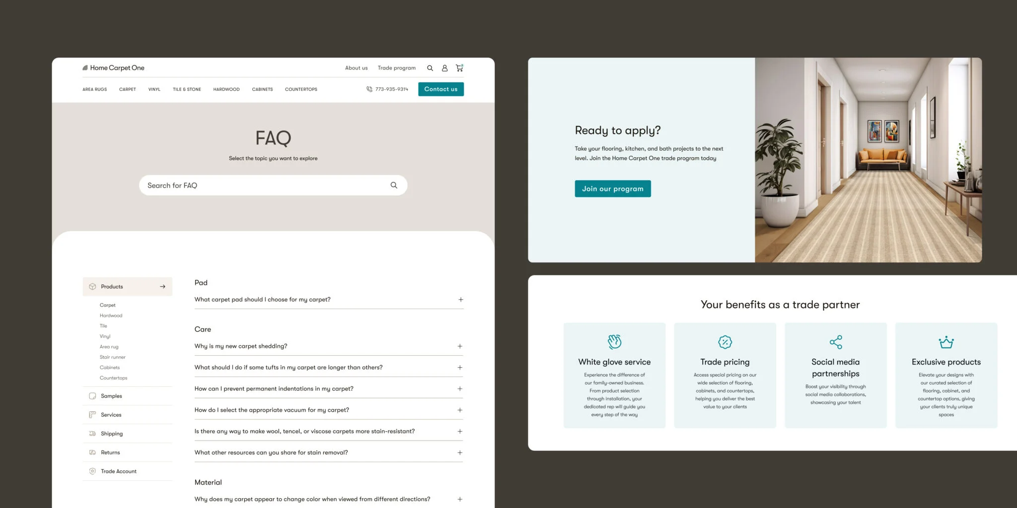 Website FAQ page for Home Carpet One with carpet-related questions and a sidebar menu, alongside sections promoting joining the trade program and trade partner benefits.