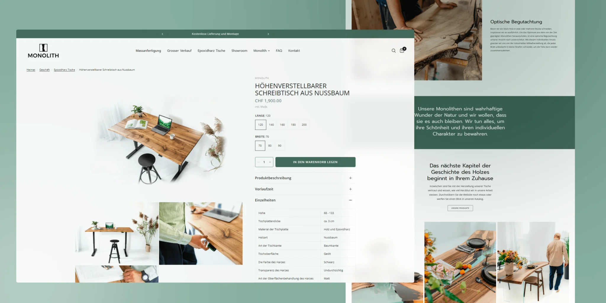 E-commerce page for a height-adjustable walnut wood desk featuring multiple images and product details in German.