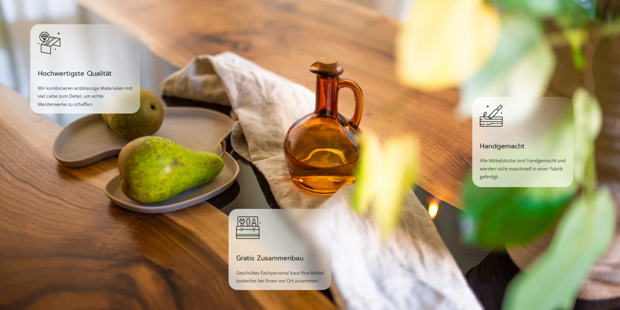 Wooden table with an amber glass bottle, two pears on a ceramic dish, and a cloth runner, with overlaid text boxes highlighting quality, handmade craftsmanship, and free assembly.