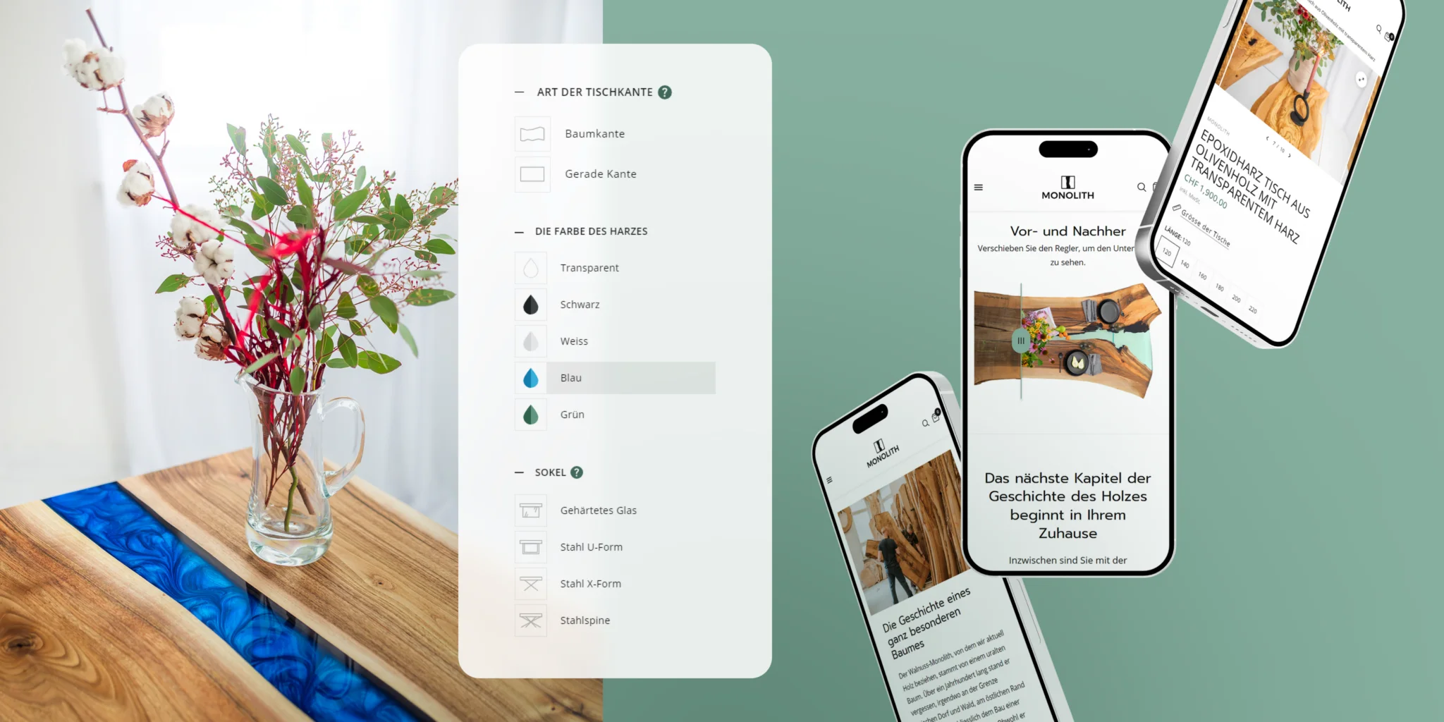 Wooden table with blue resin inlay and a glass vase holding cotton and green branches, alongside a digital interface displaying table customization options and mobile views of a website for Monolith epoxy resin tables.