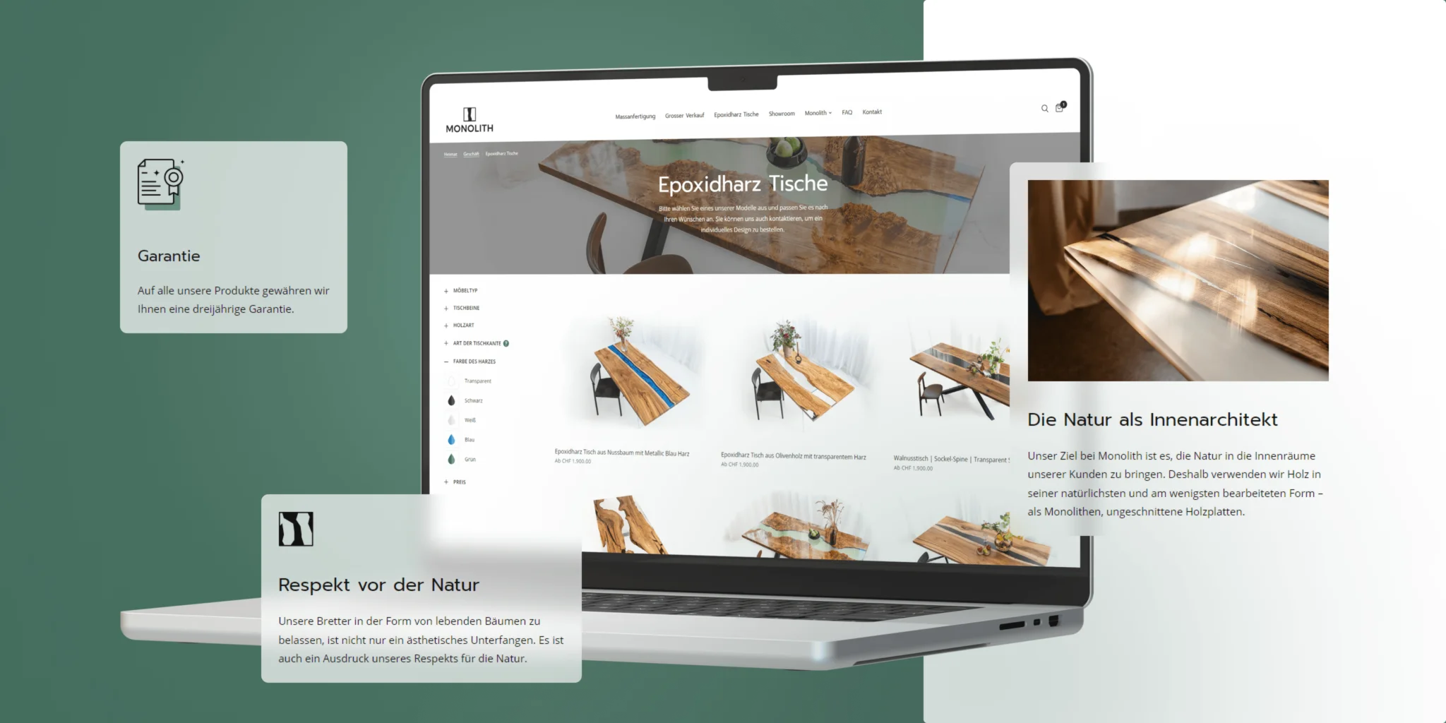Laptop displaying a website for epoxy resin tables with wood designs, surrounded by text boxes highlighting warranty and respect for nature.