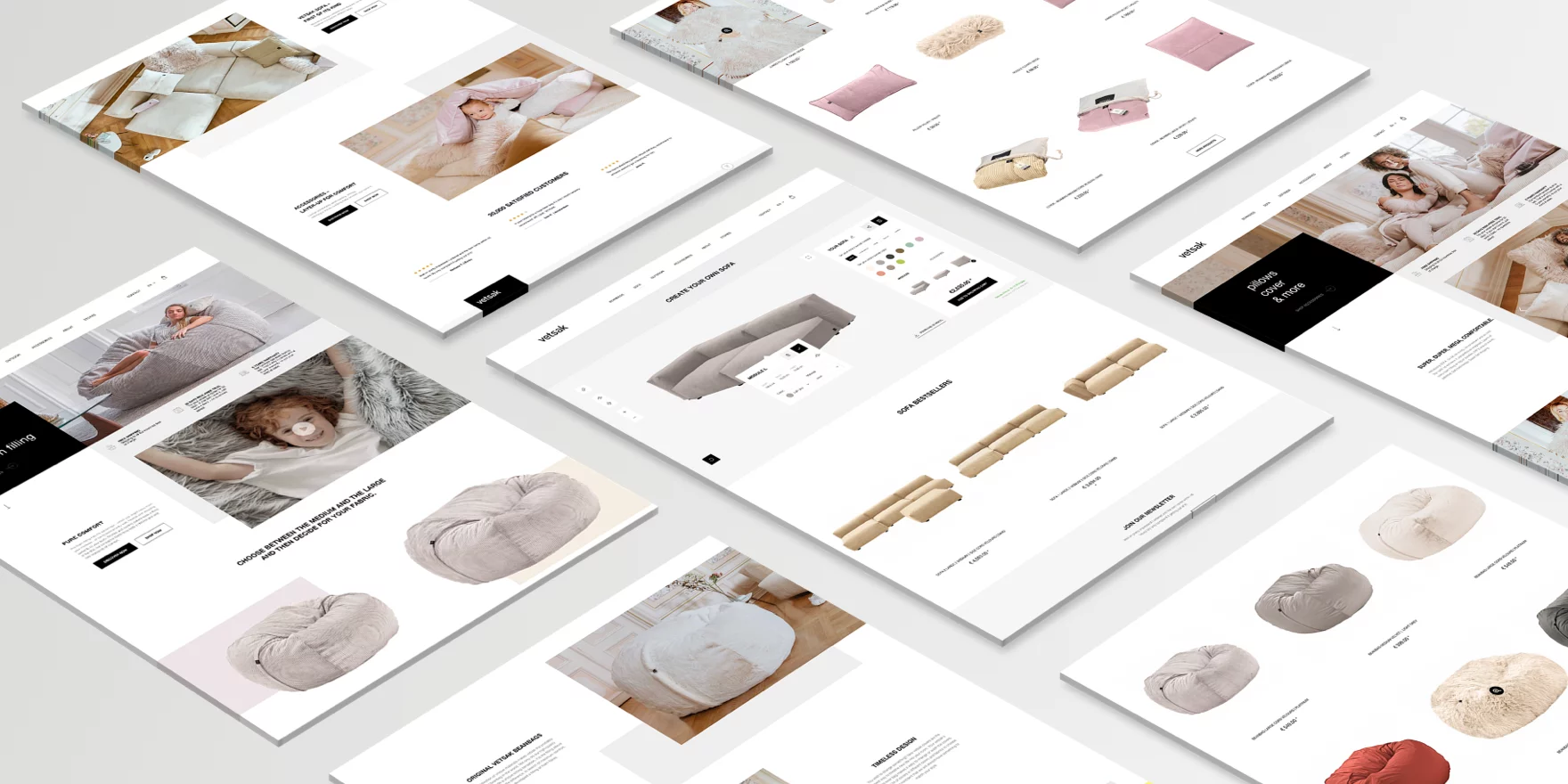 Several angled website pages displaying bean bag products, customization options, and lifestyle photos in a clean, white layout.