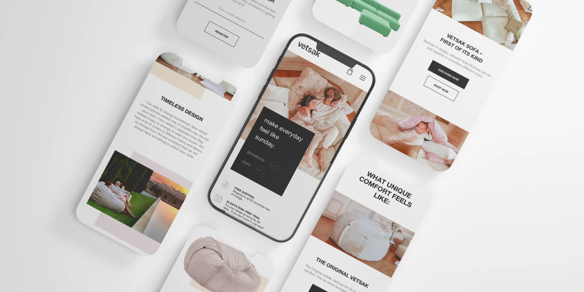 Top view of a smartphone displaying a Vetsak website surrounded by promotional cards showing beanbags, sofas, and comfort features.