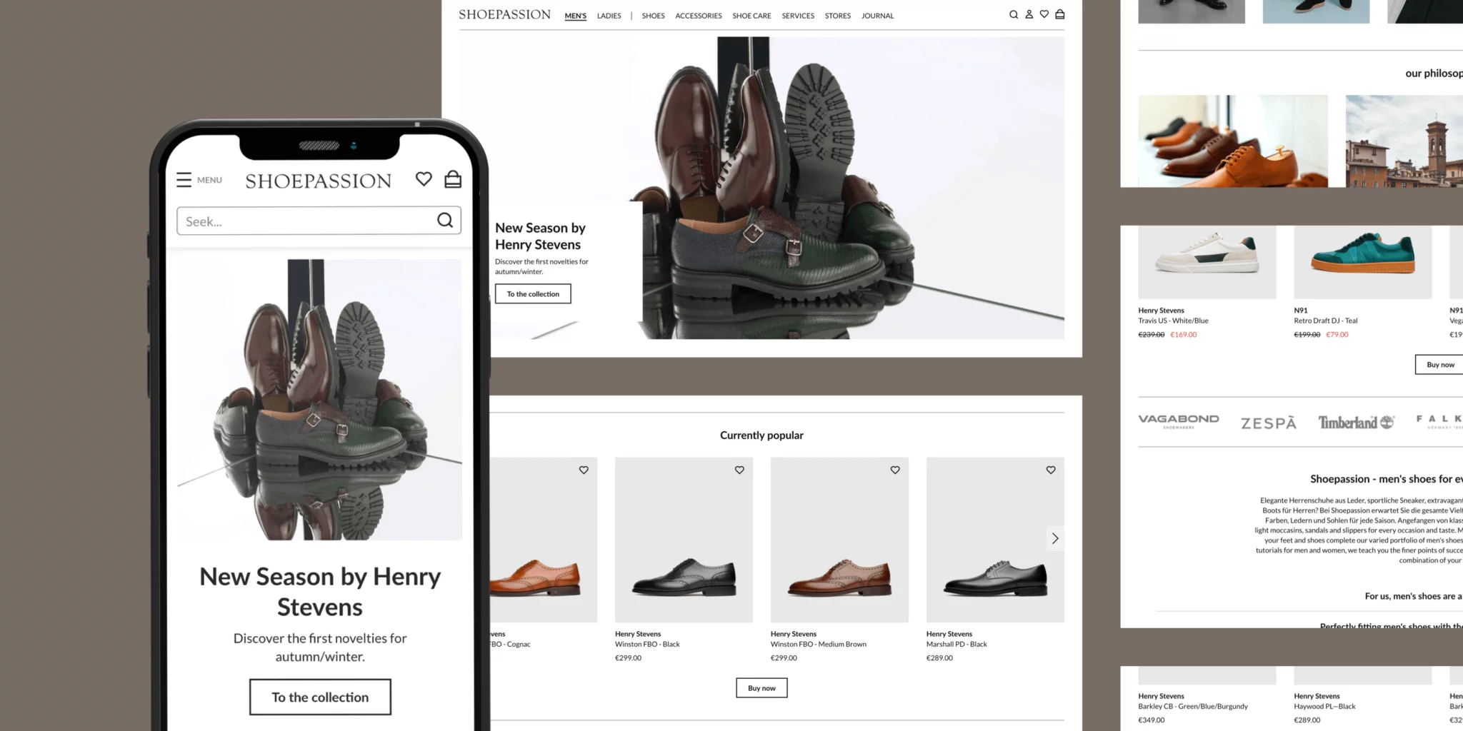 Screenshot of SHOE PASSION website homepage showing new men's shoes by Henry Stevens and a collection of popular men's dress shoes.