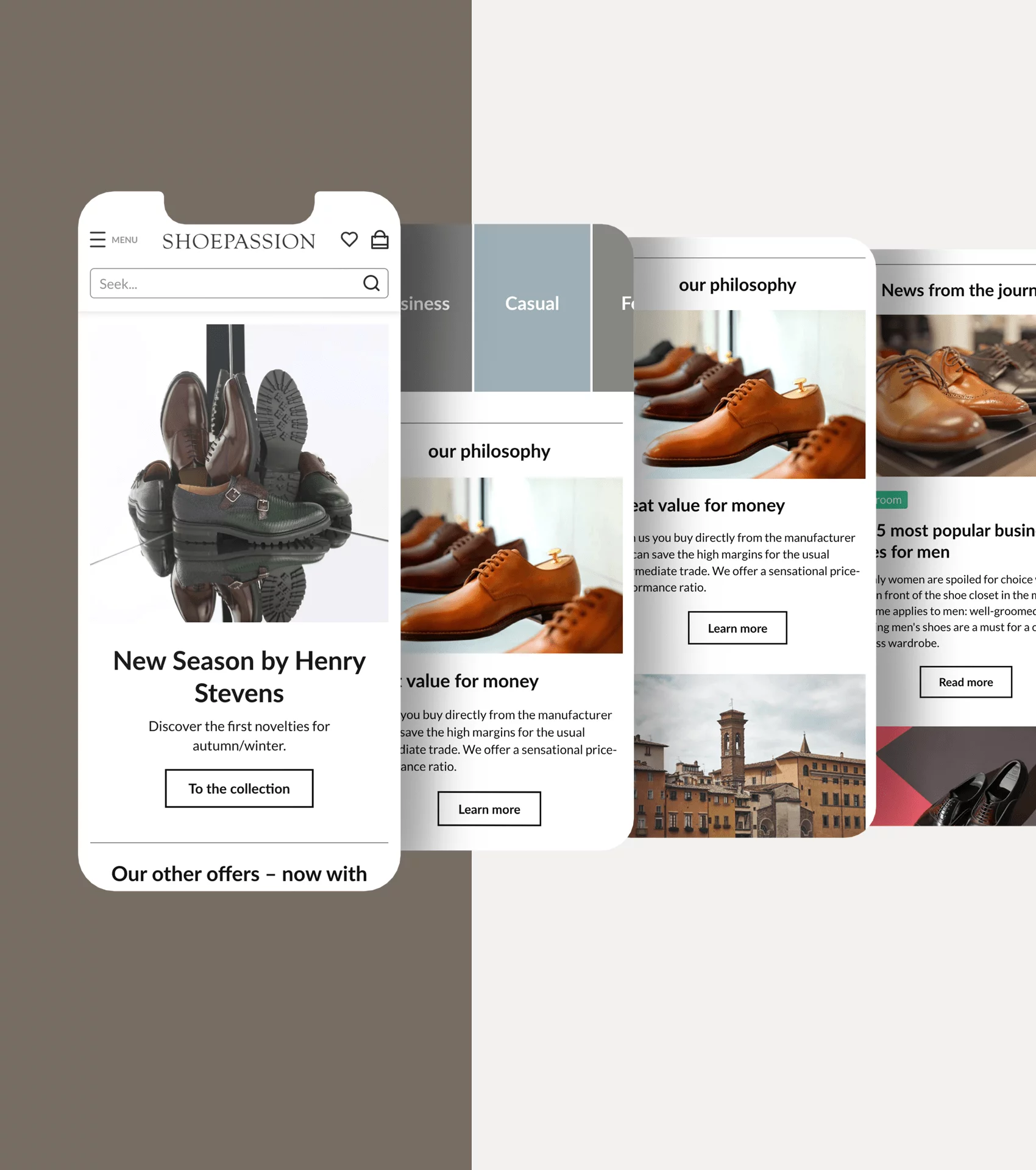 Mobile phone screen showing Shoepassion website with various men's shoe collections, including new season by Henry Stevens with brown and green shoes.