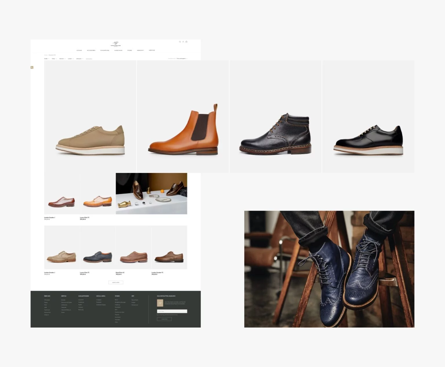 Screenshot of a shoe store webpage showing various men's shoes, including sneakers, boots, and dress shoes in different colors, with a person wearing dark blue wingtip boots seated on a wooden chair.