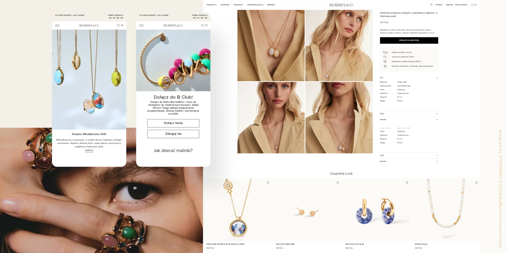 E-commerce webpage displaying jewelry including necklaces worn by a model, product details, and additional accessory options below.