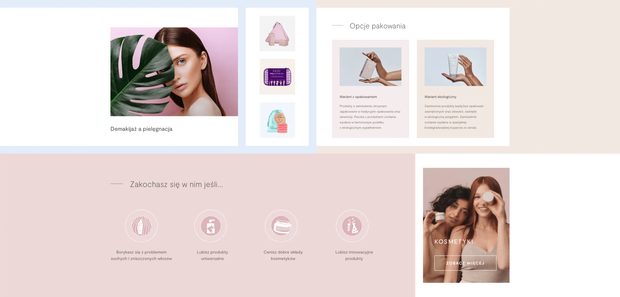 Beauty product packaging options and skincare theme including a woman holding a large green leaf, product icons, packaging choices, and two women posing with cosmetic containers.