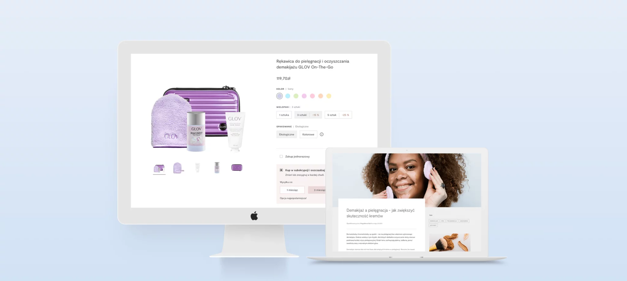 Computer and laptop screens showing a purple cosmetic kit with makeup removal products and a smiling woman using a facial cleansing pad.