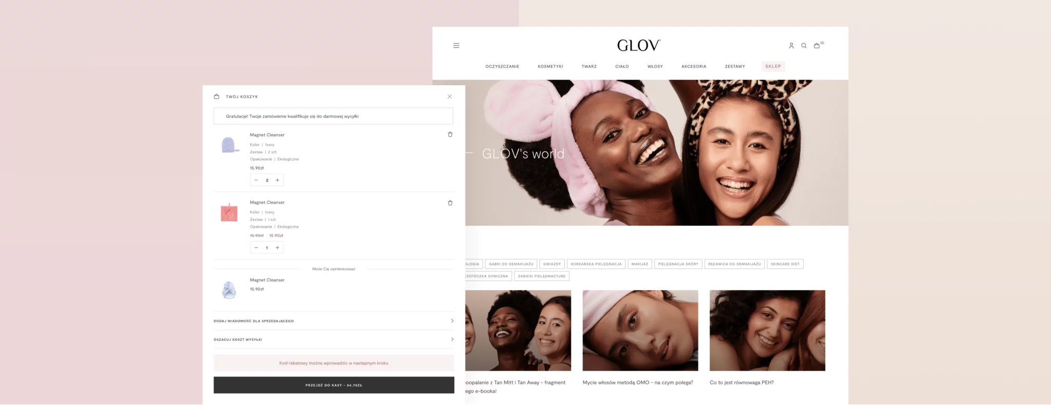 E-commerce website page for GLOV showing shopping cart with Magnet Cleanser items and smiling women wearing headbands.