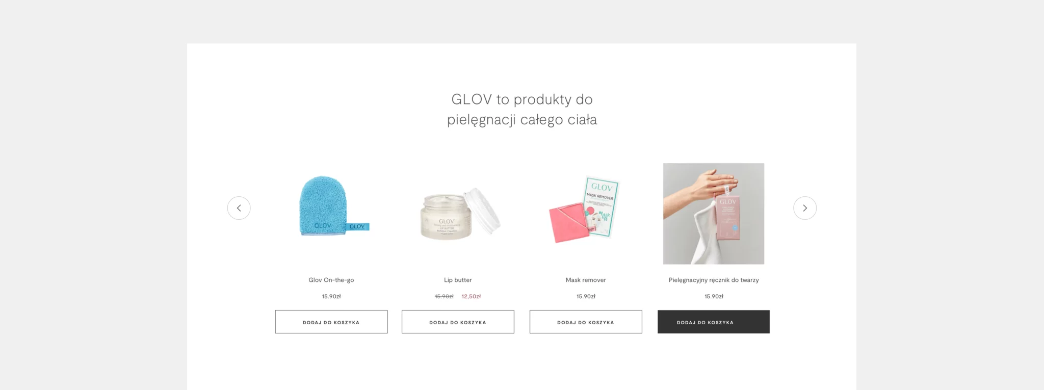 Four GLOV skincare products including a blue microfiber mitt, lip butter jar, pink mask remover cloth with packaging, and a hand holding a face towel with packaging.