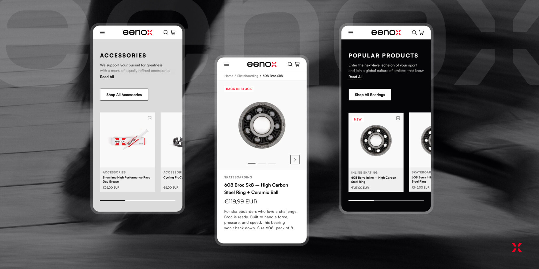 Three smartphones showing eenox skateboarding accessories and bearings product pages, including Showtime grease, 608 Broc Sk8 bearing, and 608 Berra Inline bearing.