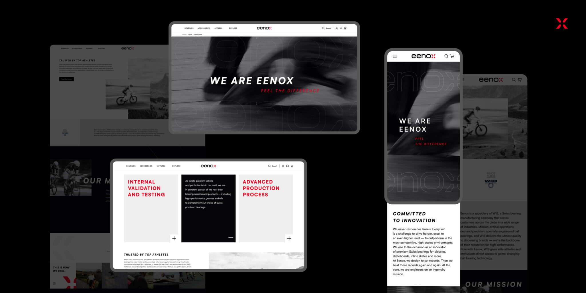 A collage of desktop and mobile screens displaying the Eenox website, highlighting the tagline 'We are Eenox, Feel the Difference' and sections on internal validation, testing, and advanced production process.