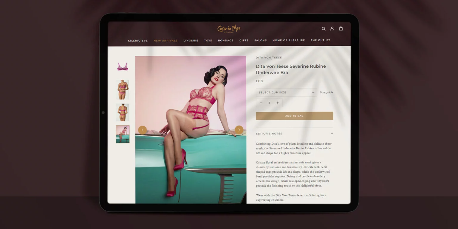E-commerce product page on tablet showing a model in a pink lace underwire bra and garter set sitting on a turquoise vintage car, with product details and purchase options.