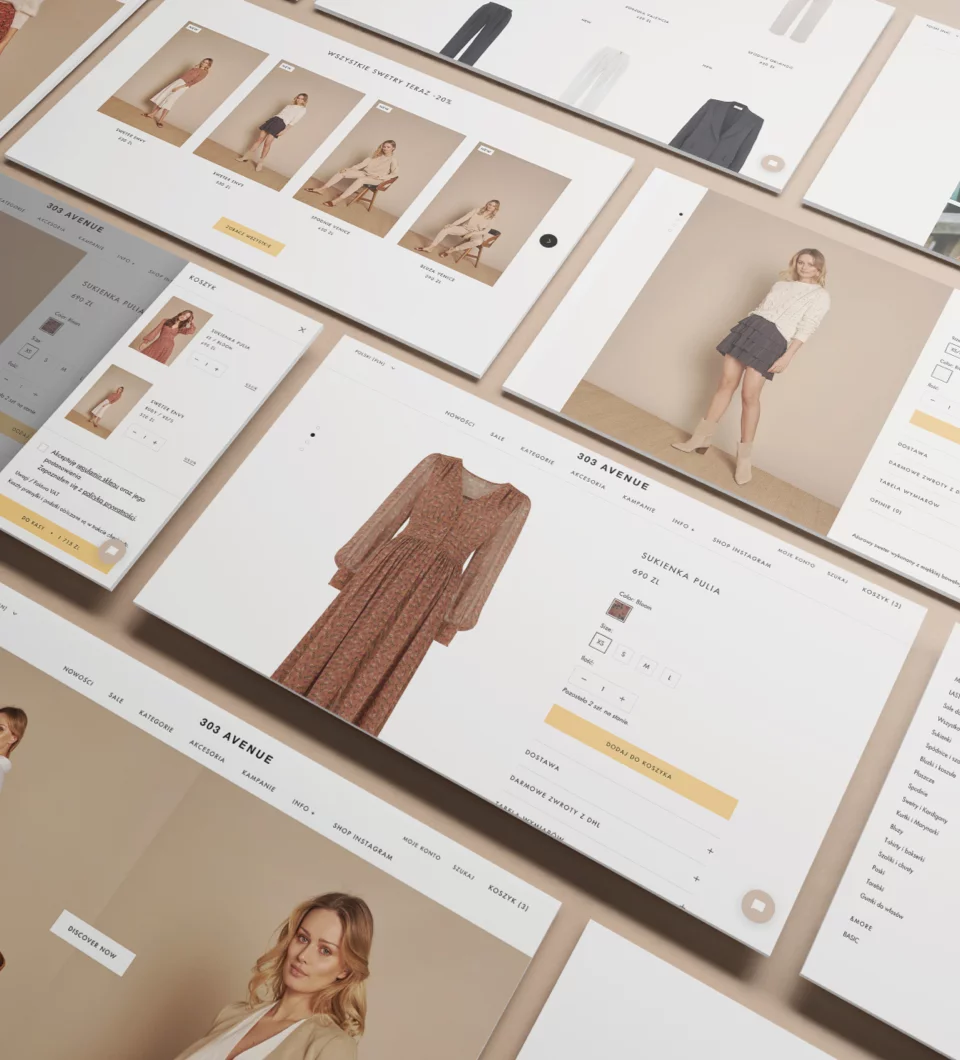 Stylish ecommerce website layout showing women's clothing including dresses, sweaters, and outfits with a modern, beige-toned design.
