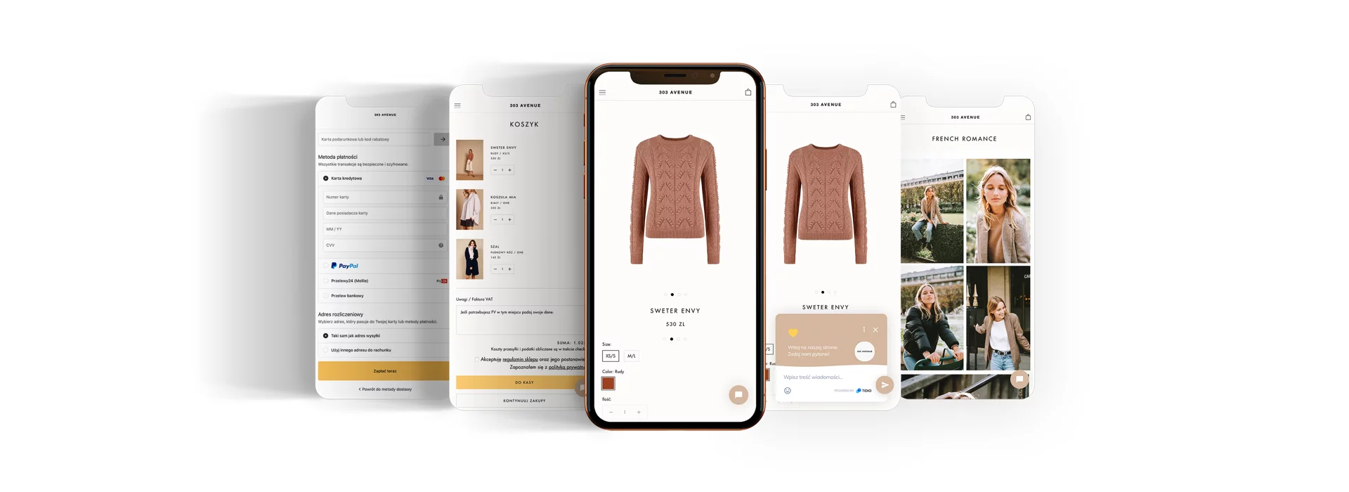 Smartphone displaying a brown knitted sweater product page surrounded by shopping cart, payment, and fashion gallery screens from the 303 Avenue app.