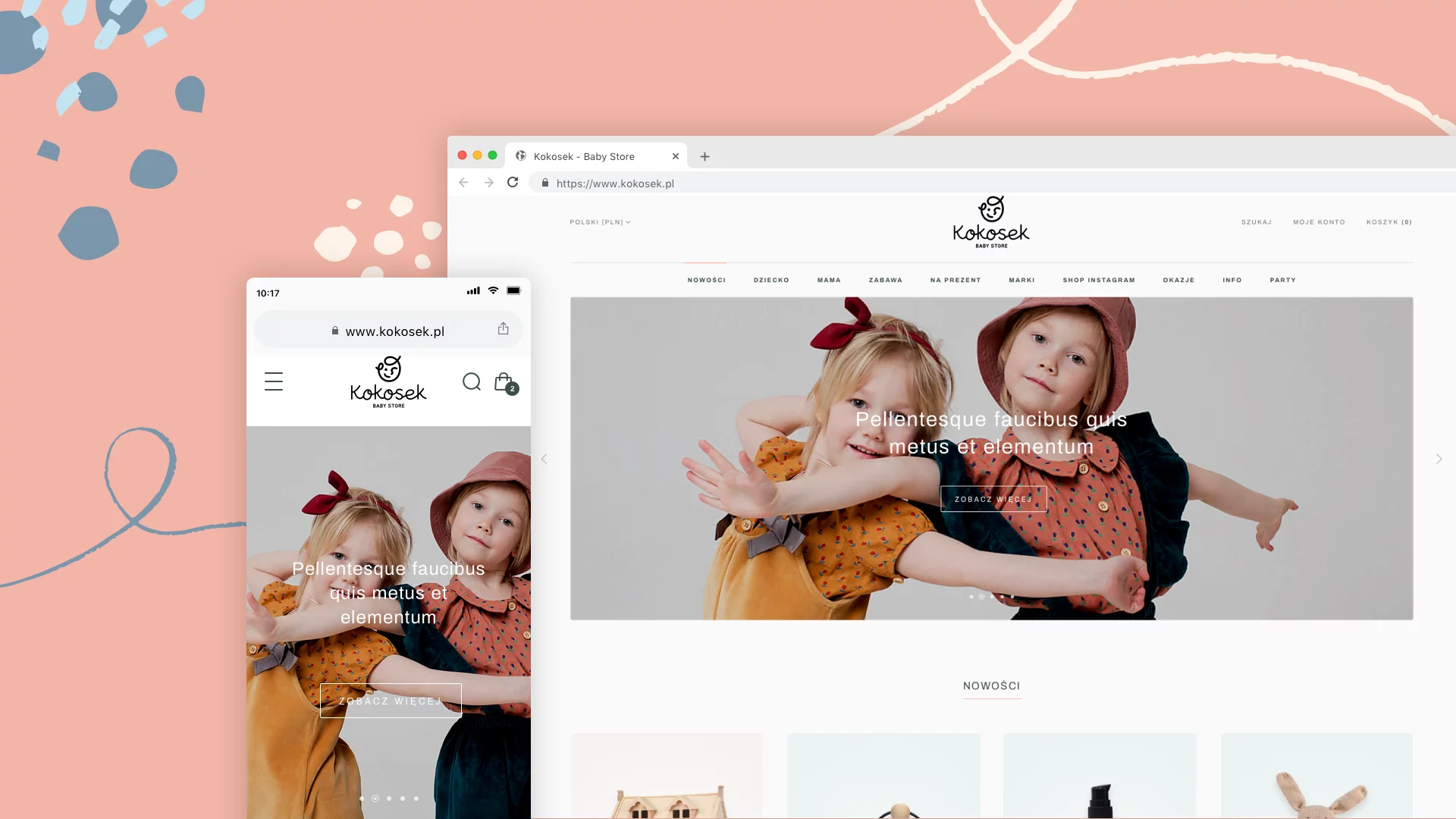 Homepage of Kokosek Baby Store website shown on desktop and mobile screens featuring two children with outstretched arms.