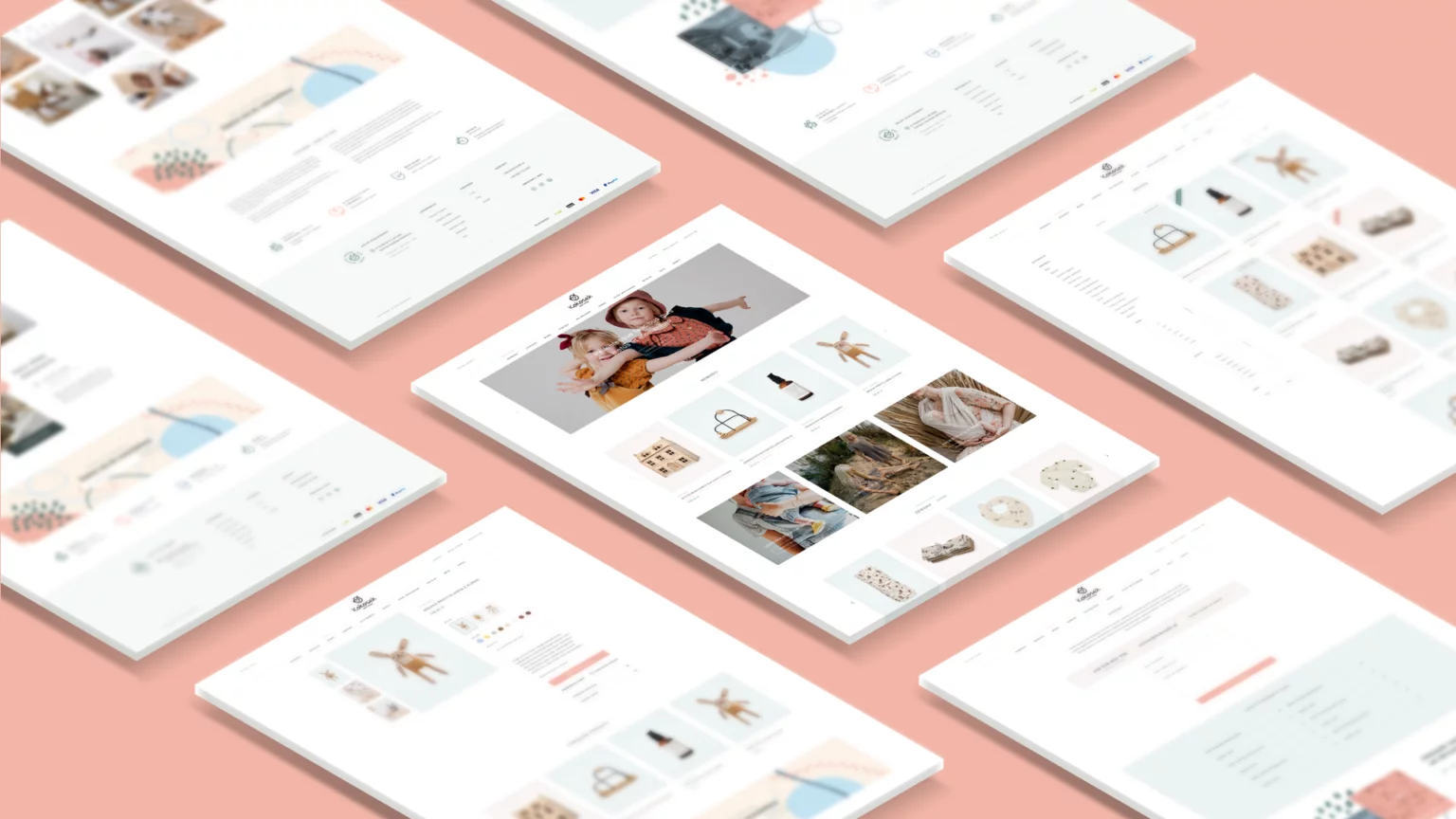 Multiple angled views of an e-commerce website displaying children's products, including toys, clothing, and accessories on a pink background.