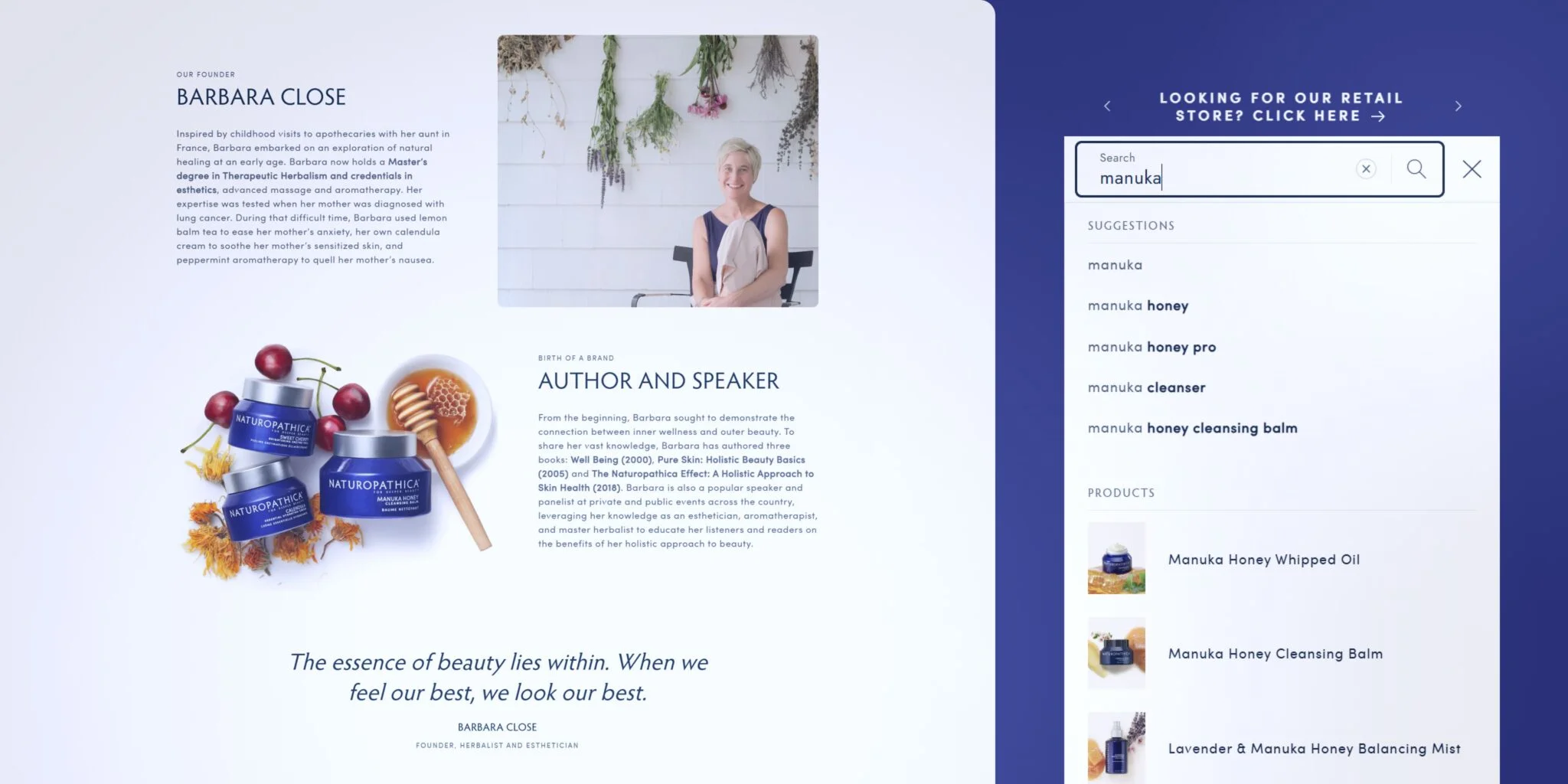 Website section featuring Barbara Close, founder and author, with her portrait, product jars with cherries and honey, a quote about beauty, and a search panel with manuka honey product suggestions.