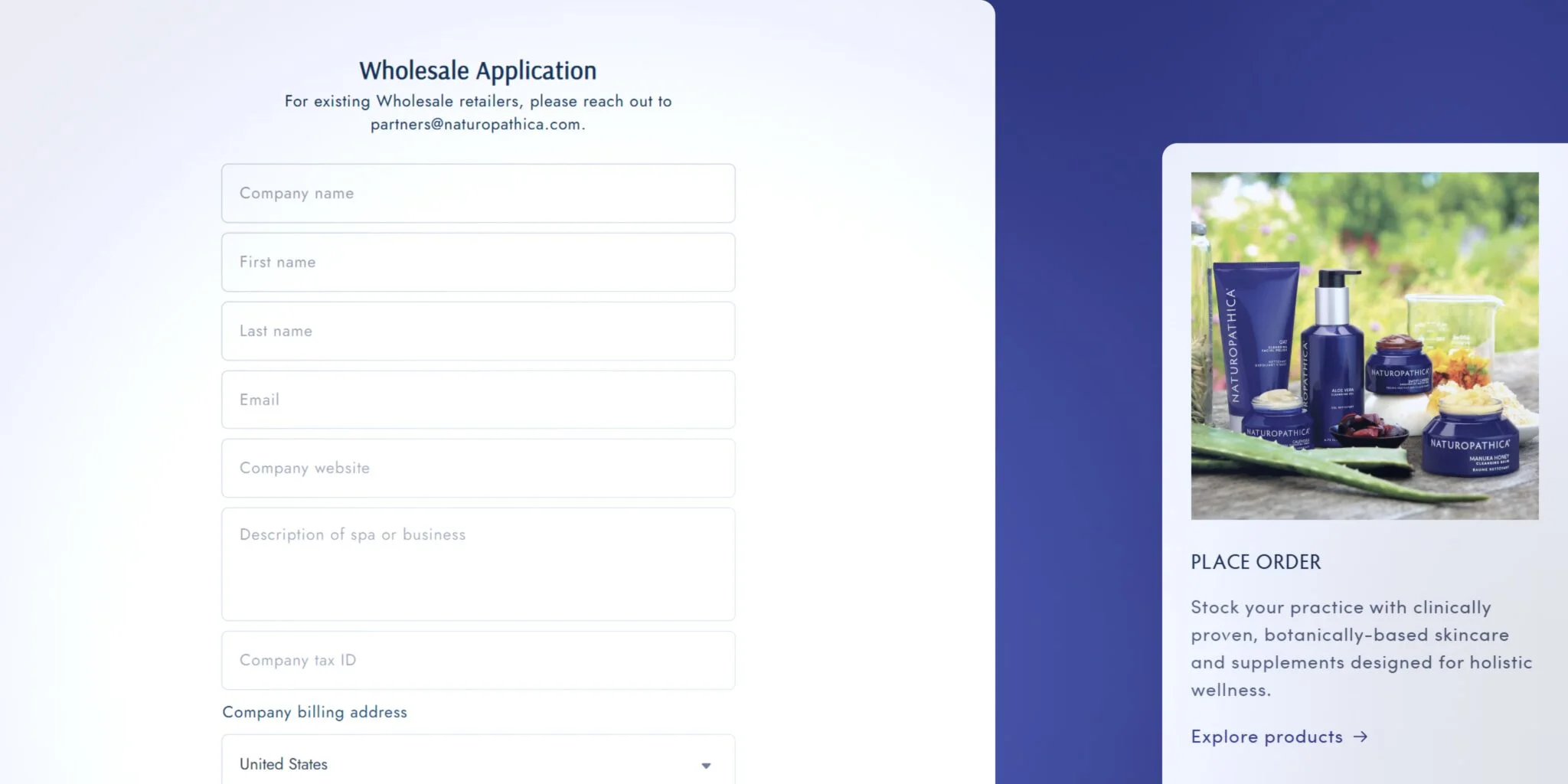 Wholesale application form with fields for company and personal details alongside a display of Naturopathica skincare products and text about ordering clinically proven, botanical skincare.