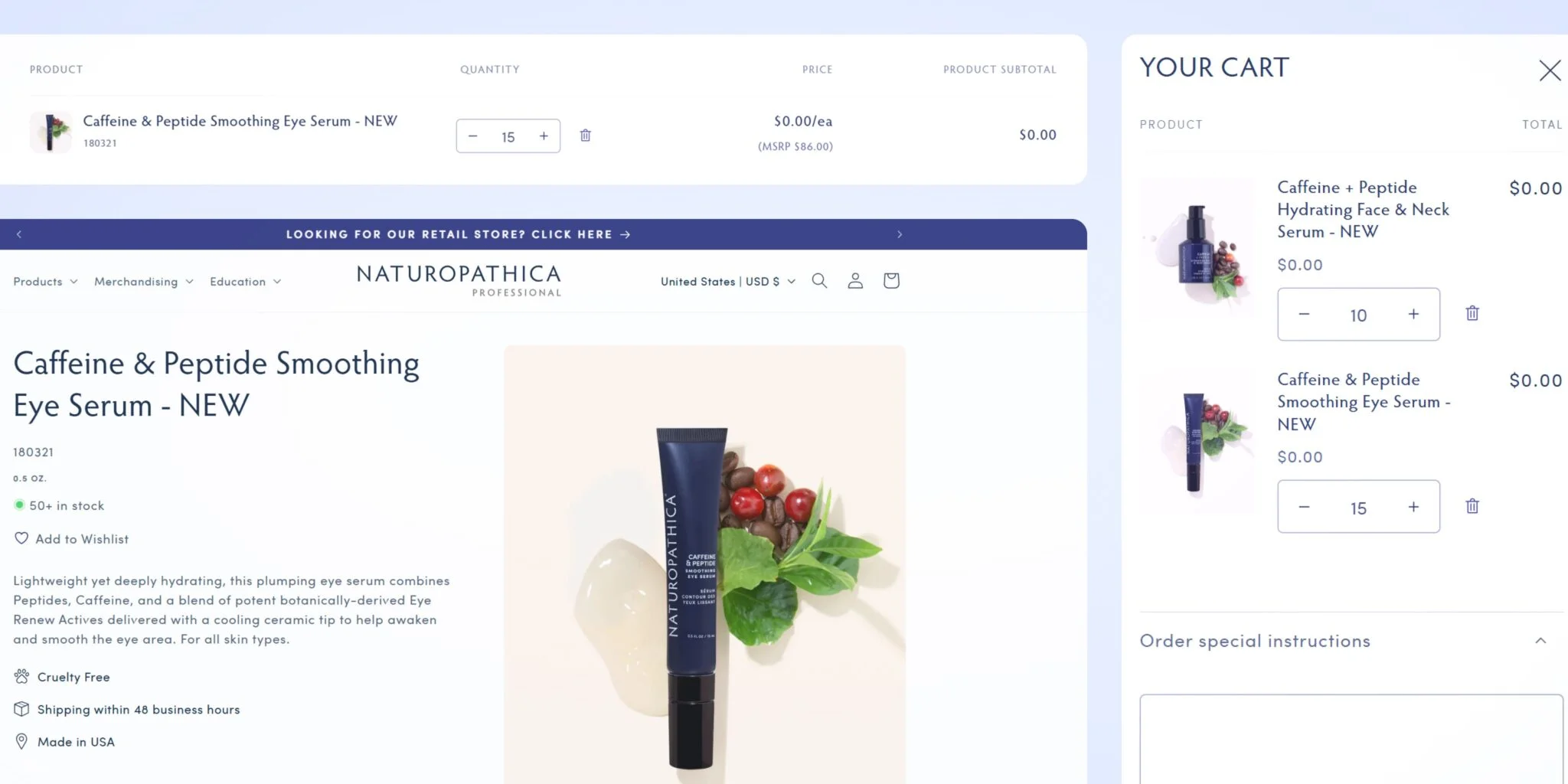 E-commerce page for Naturopathica Caffeine & Peptide Smoothing Eye Serum showing product image, details, and cart with quantities.
