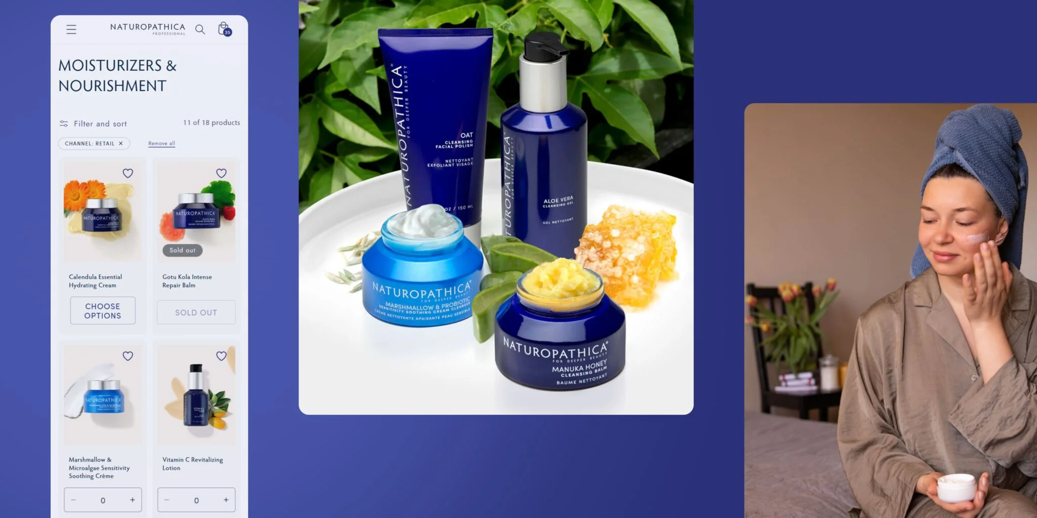 Naturopathica skincare products including moisturizing creams and cleansers displayed on a white tray with natural ingredients, next to an online product catalog and a woman applying cream to her face.