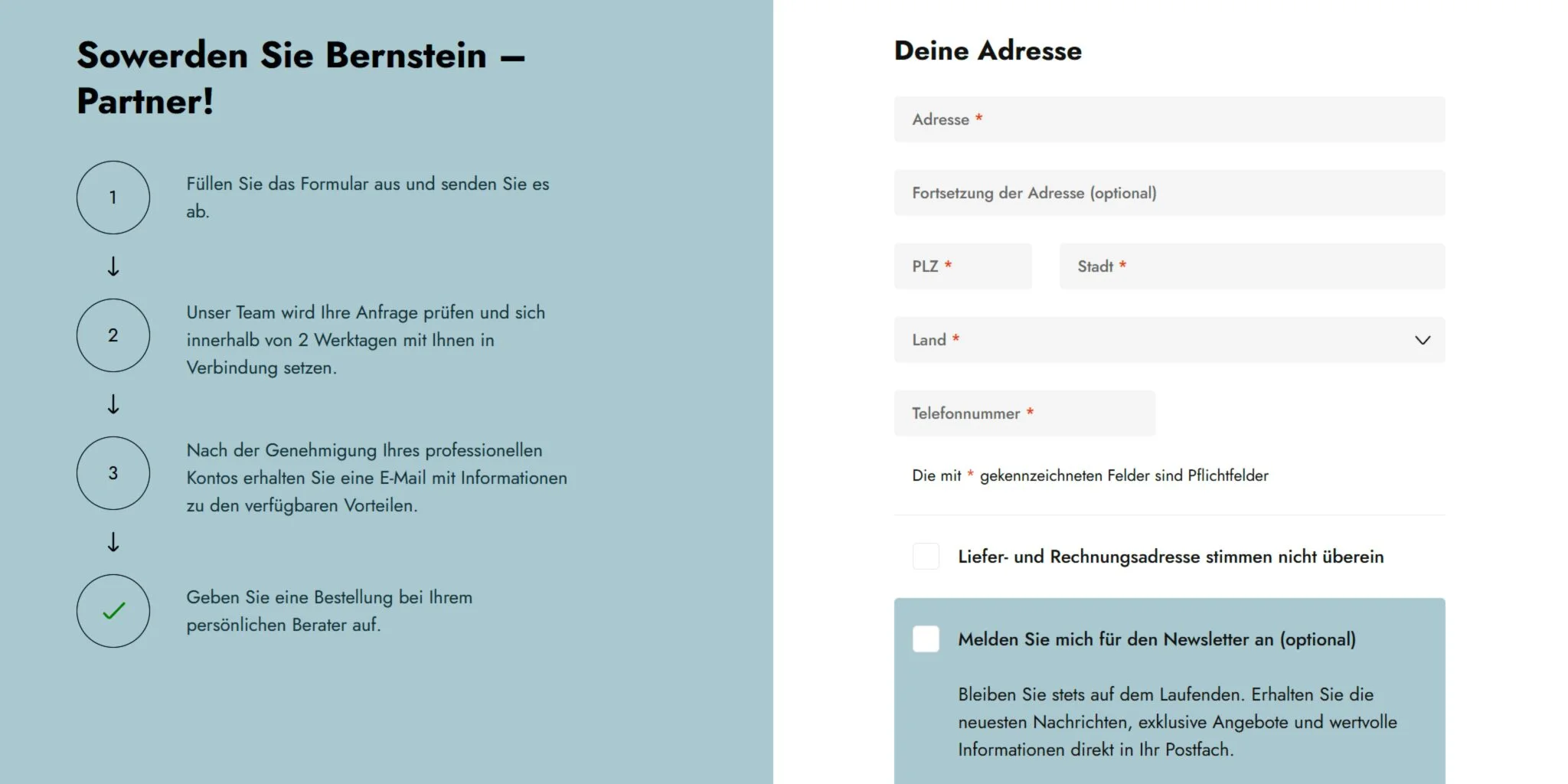 German form instructions on left with four steps to become a Bernstein partner and an address input form on the right with fields for address, postal code, city, country, and phone number, plus newsletter signup option.