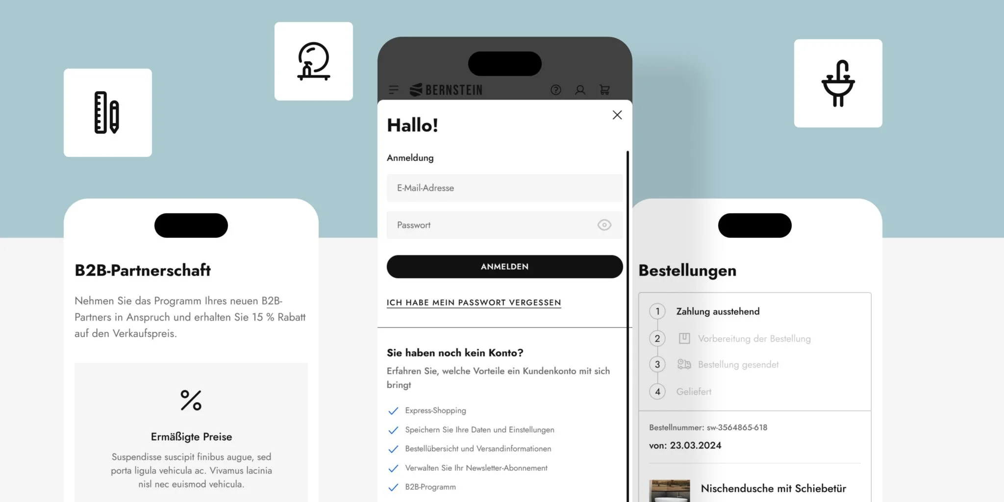 User interface of a mobile screen showing B2B partnership benefits, a login form with email and password fields, and order status with payment pending.