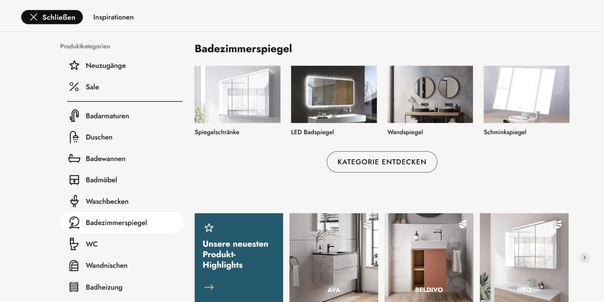 German website interface showing bathroom mirror product categories with images and navigation menu.