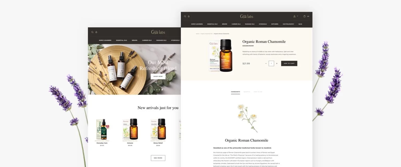 Screenshots of Gya Labs website featuring essential oil products including Organic Roman Chamomile with price and product descriptions, surrounded by lavender sprigs.