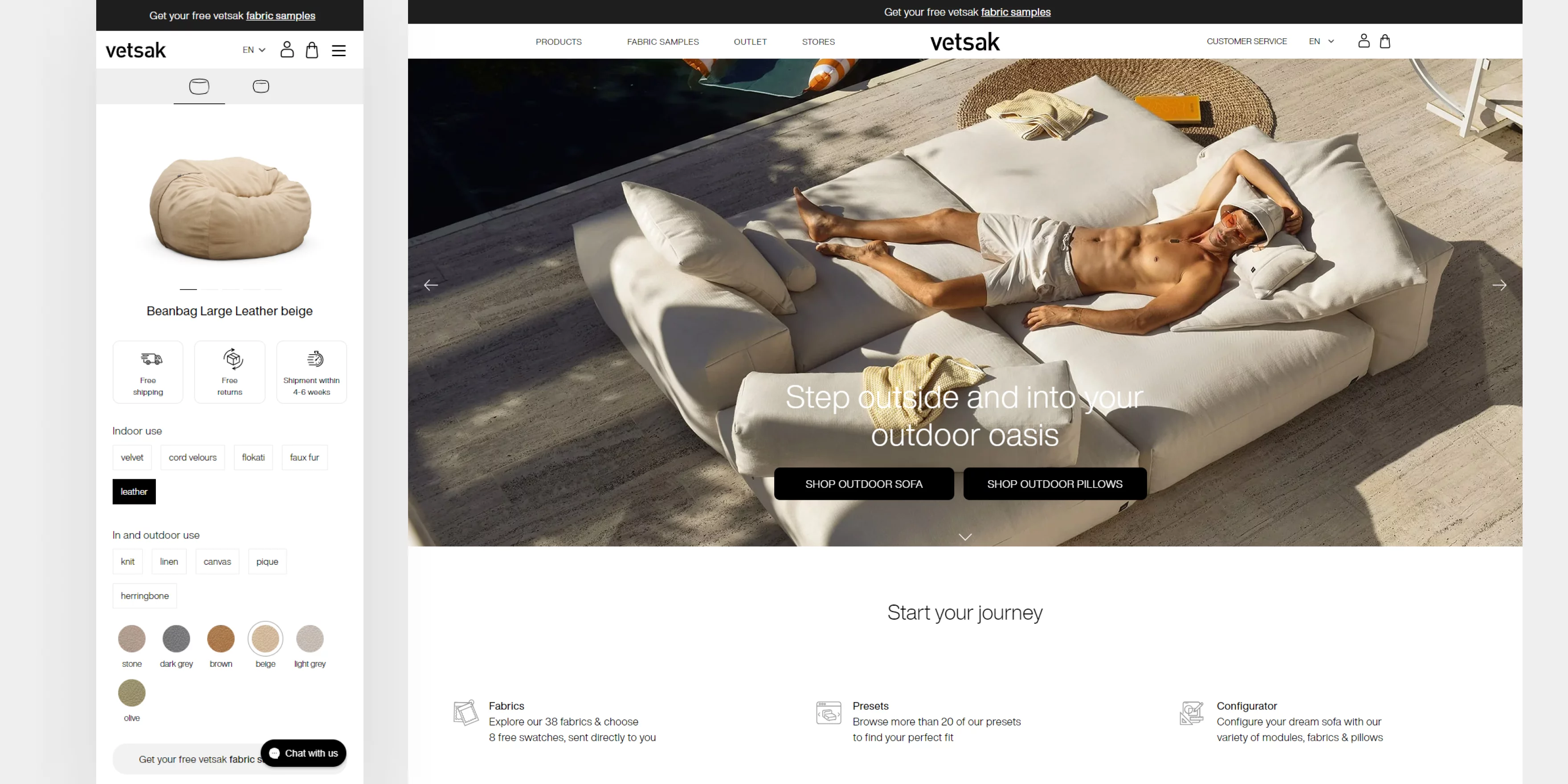 Man relaxing on a beige outdoor modular sofa beside a pool, with text 'Step outside and into your outdoor oasis' and shop buttons.