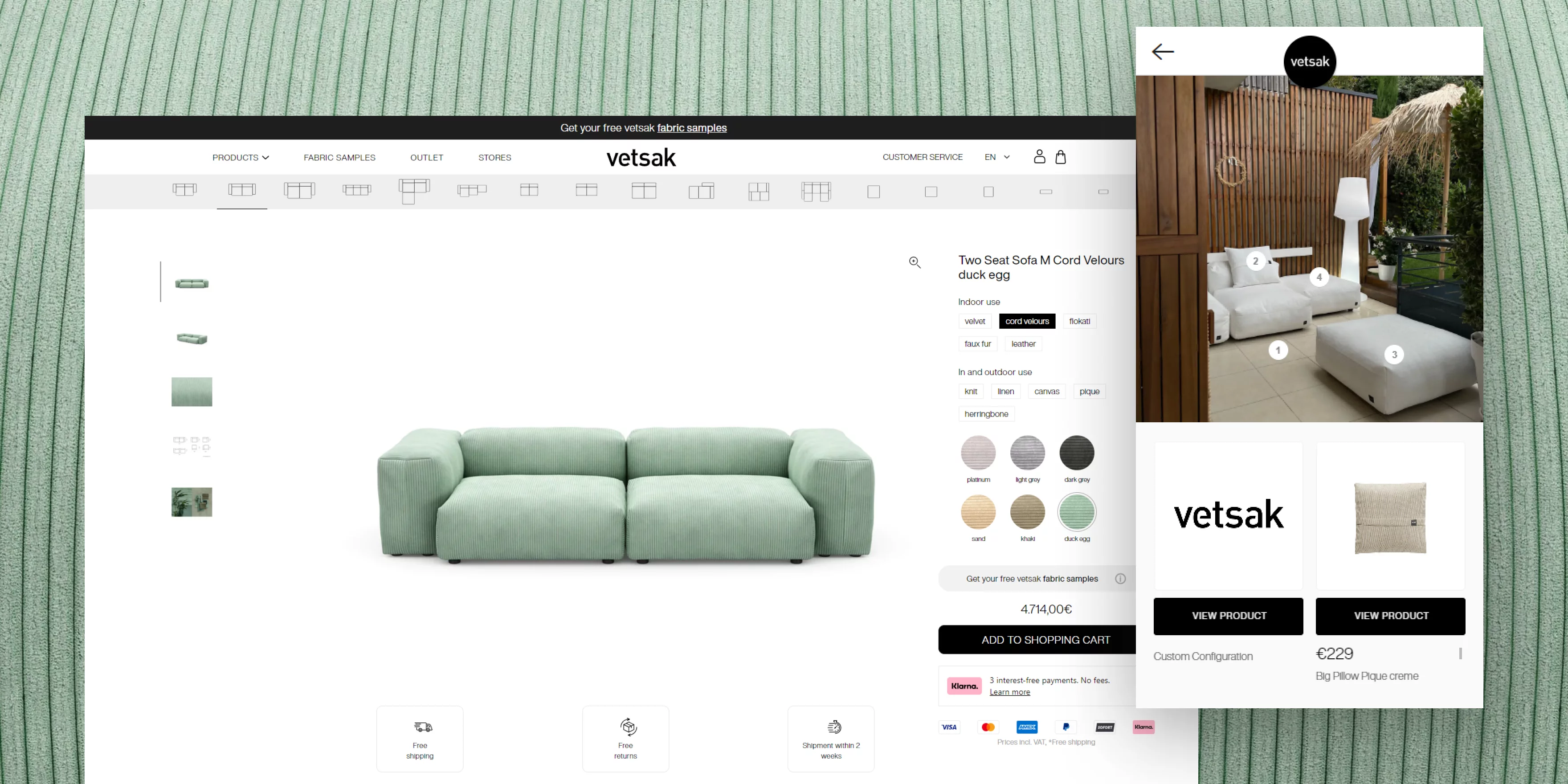 Vetsak online store page displaying a light green two-seat cord velours sofa with fabric options and an overlay showing a white outdoor sofa setup with cushions and a big pillow product.