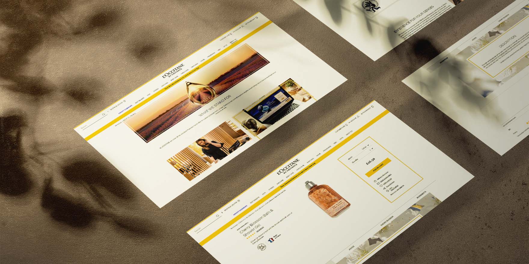 Screenshots of L'OCCITANE website pages showing product details and brand story with a warm, shadowed background.