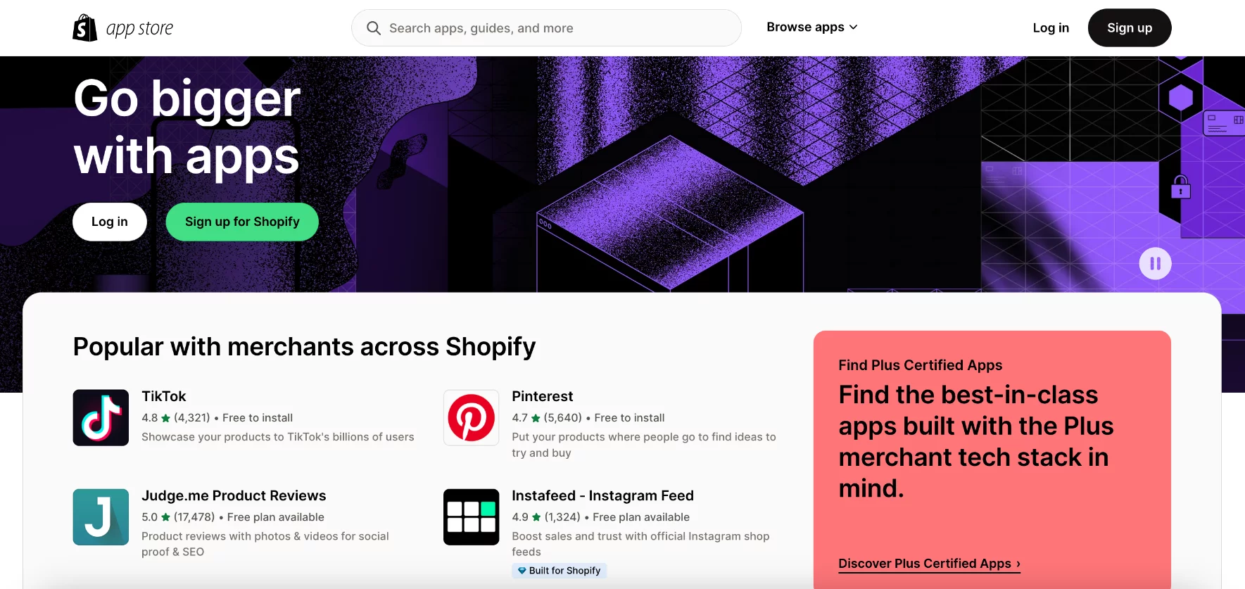 Shopify app store homepage featuring popular apps like TikTok, Pinterest, Judge.me Product Reviews, and Instafeed with a call to action to sign up for Shopify.