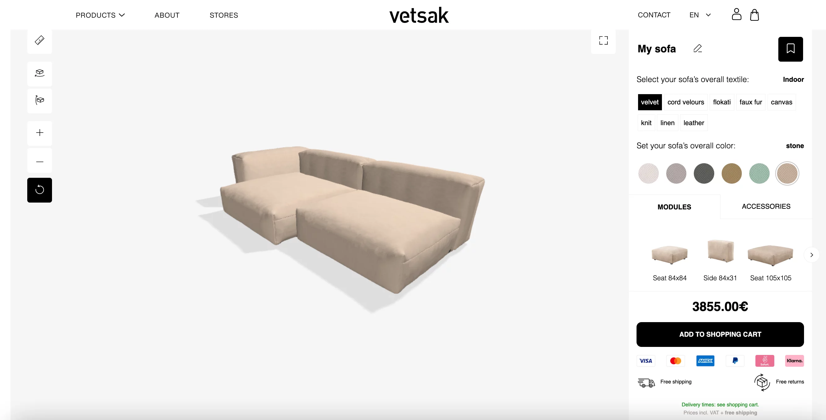 Beige L-shaped modular sofa with velvet fabric displayed in an online configurator.