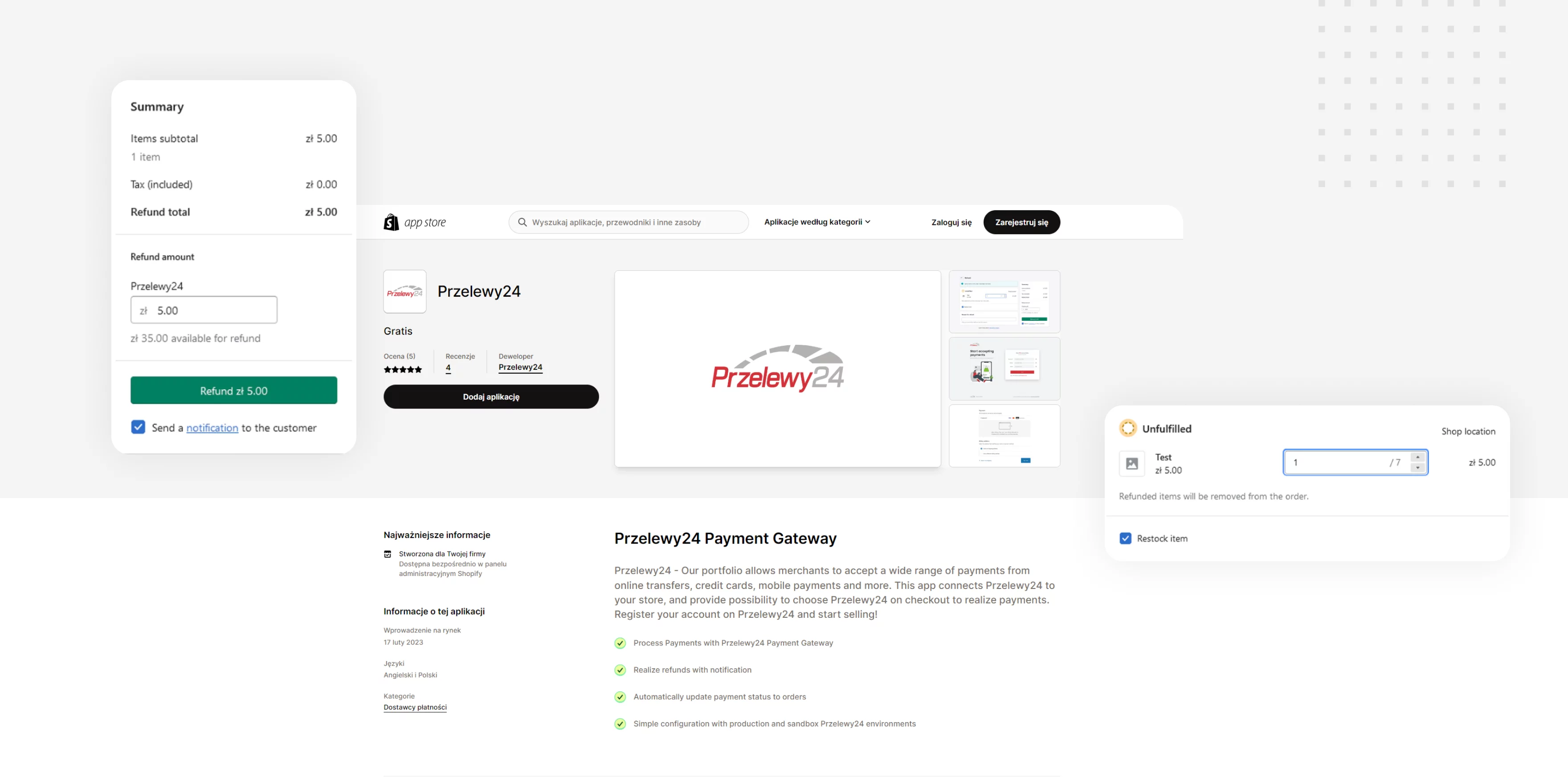 Screenshot of Przelewy24 app page on Shopify store showing refund summary, app details, and unfulfilled item with refund option.