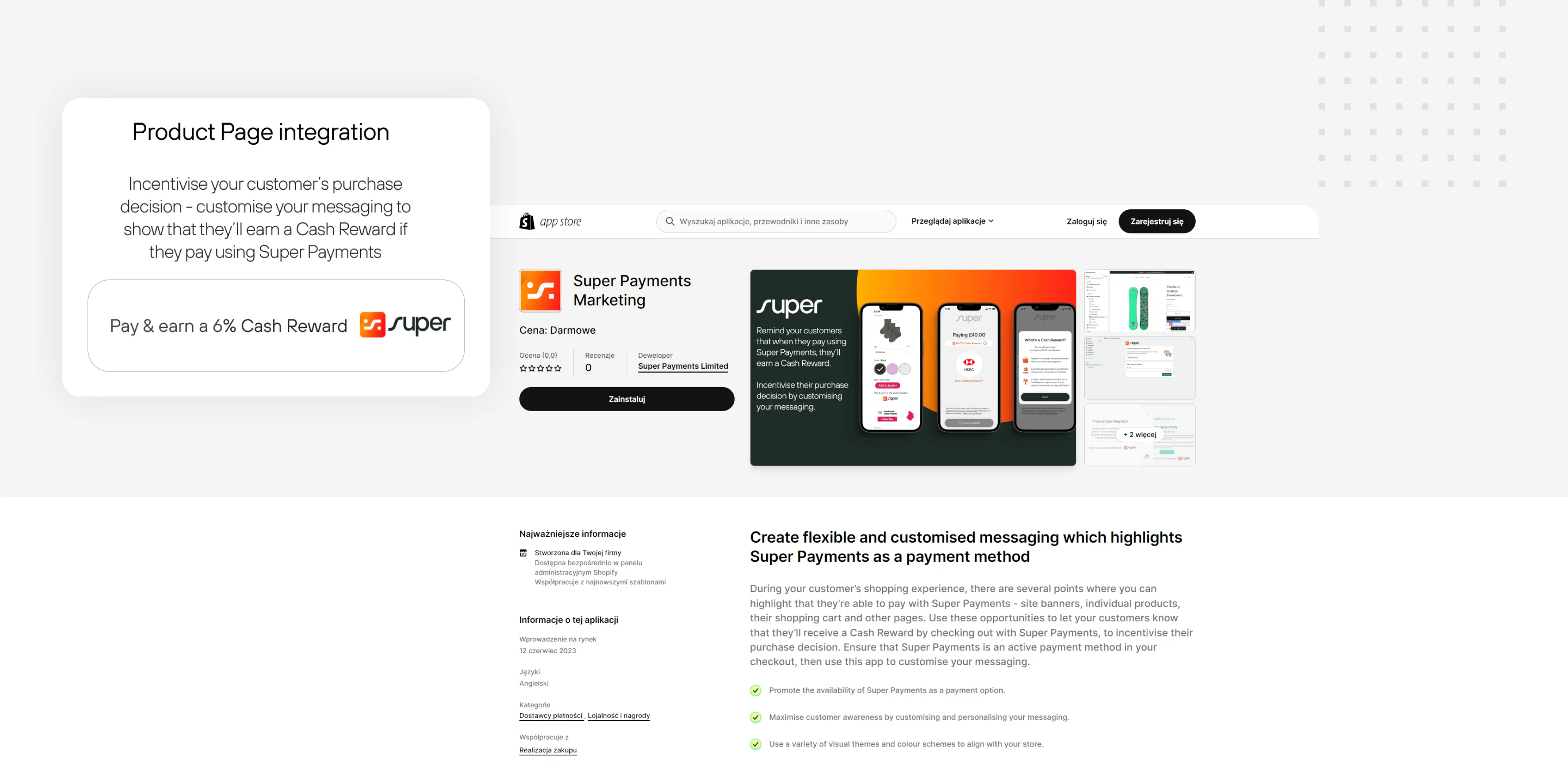Super Payments app page showing product integration details with offer of 6% cash reward and screenshots of app interface on phones.