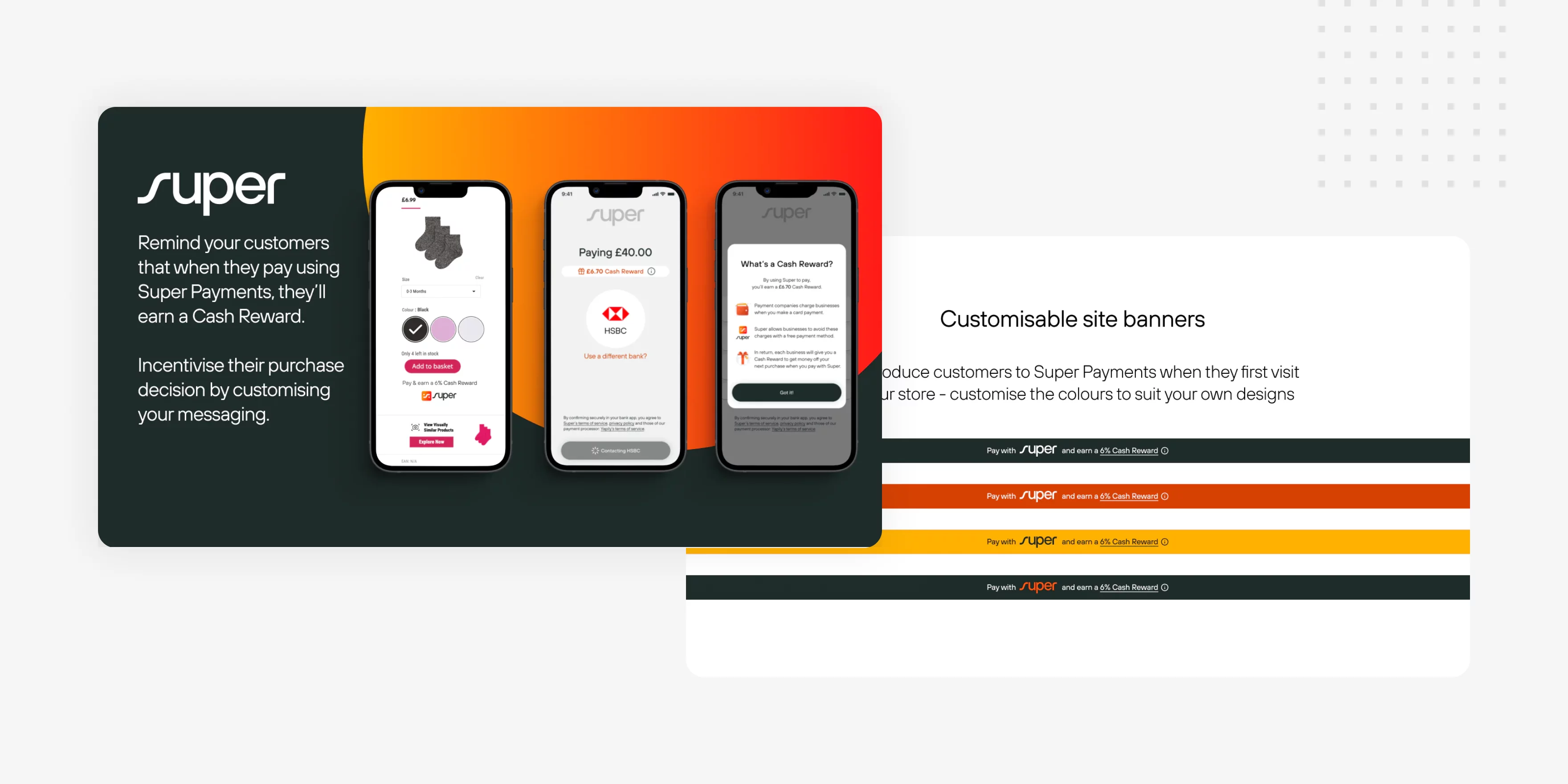 Super Payments mobile app interface on three phones showing product purchase, payment confirmation, and cash reward explanation, alongside customizable site banner color options.
