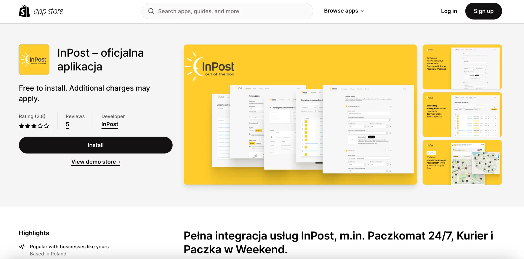 Shopify app store page for InPost app with a yellow banner showing multiple screens of the app interface and an install button.