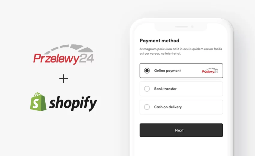 Screen of a smartphone displaying a payment method selection with options: online payment selected using Przelewy24, bank transfer, and cash on delivery, alongside Przelewy24 and Shopify logos.