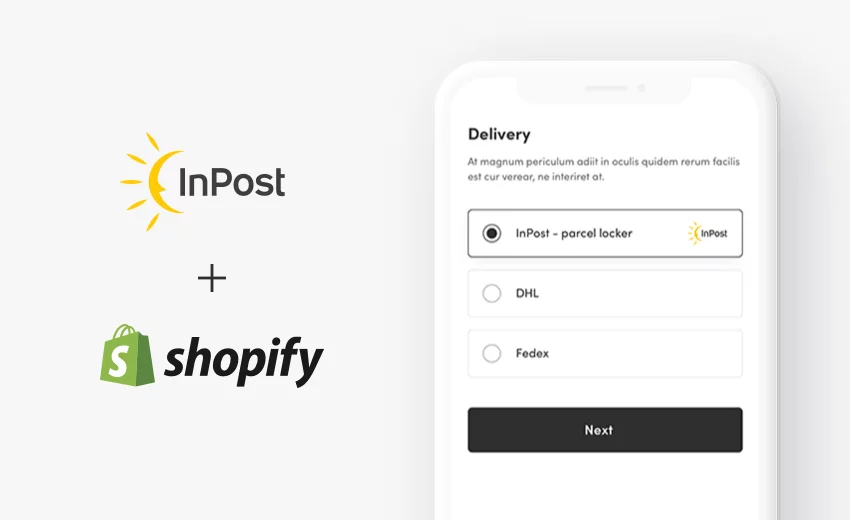 InPost and Shopify logos next to a smartphone screen showing a delivery option selection with InPost parcel locker, DHL, and FedEx options.