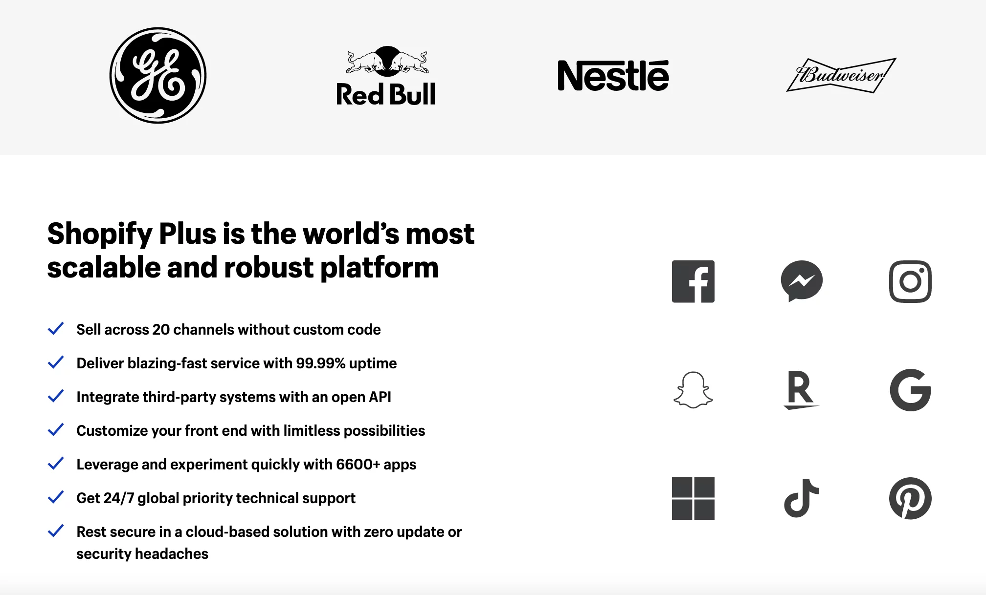 Comparison of logos from GE, Red Bull, Nestlé, and Budweiser above text listing Shopify Plus benefits including scalable platform, 99.99% uptime, open API integration, 6600+ apps, 24/7 support, and secure cloud solution, alongside social media icons for Facebook, Messenger, Instagram, Snapchat, Reddit, Google, Microsoft, TikTok, and Pinterest.