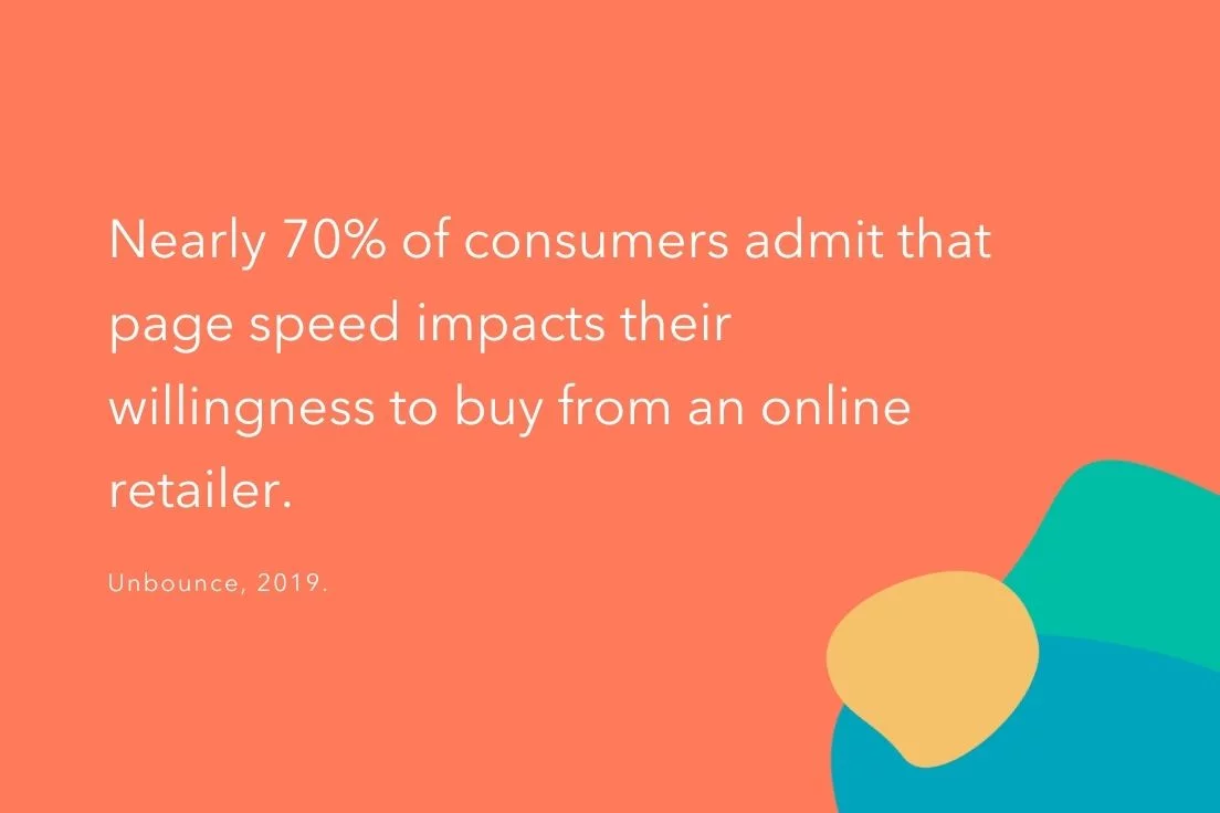 Text on orange background reads: Nearly 70% of consumers admit that page speed impacts their willingness to buy from an online retailer. Unbounce, 2019.