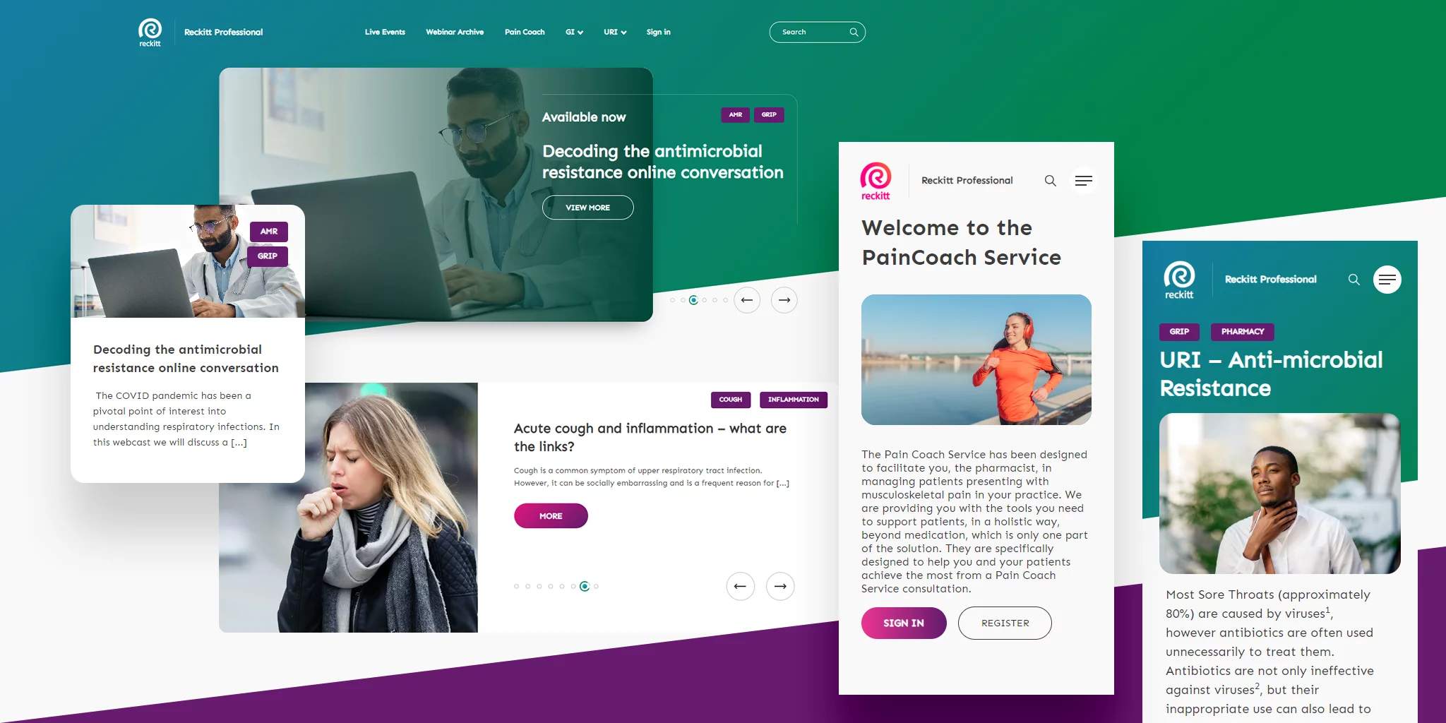 Website screens from Reckitt Professional showing antimicrobial resistance content, a woman coughing, and PainCoach service introduction.
