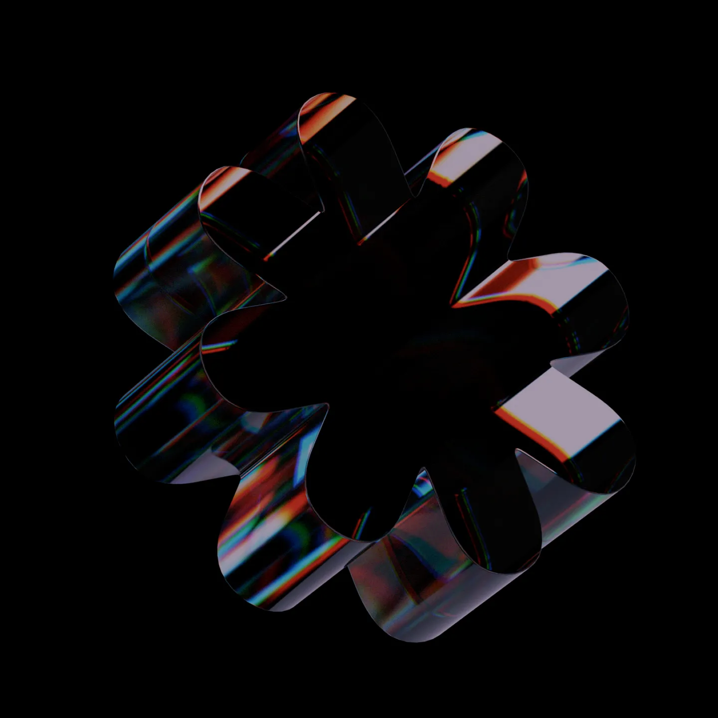 Glossy, translucent black abstract shape with rounded lobes and subtle rainbow reflections on a black background.